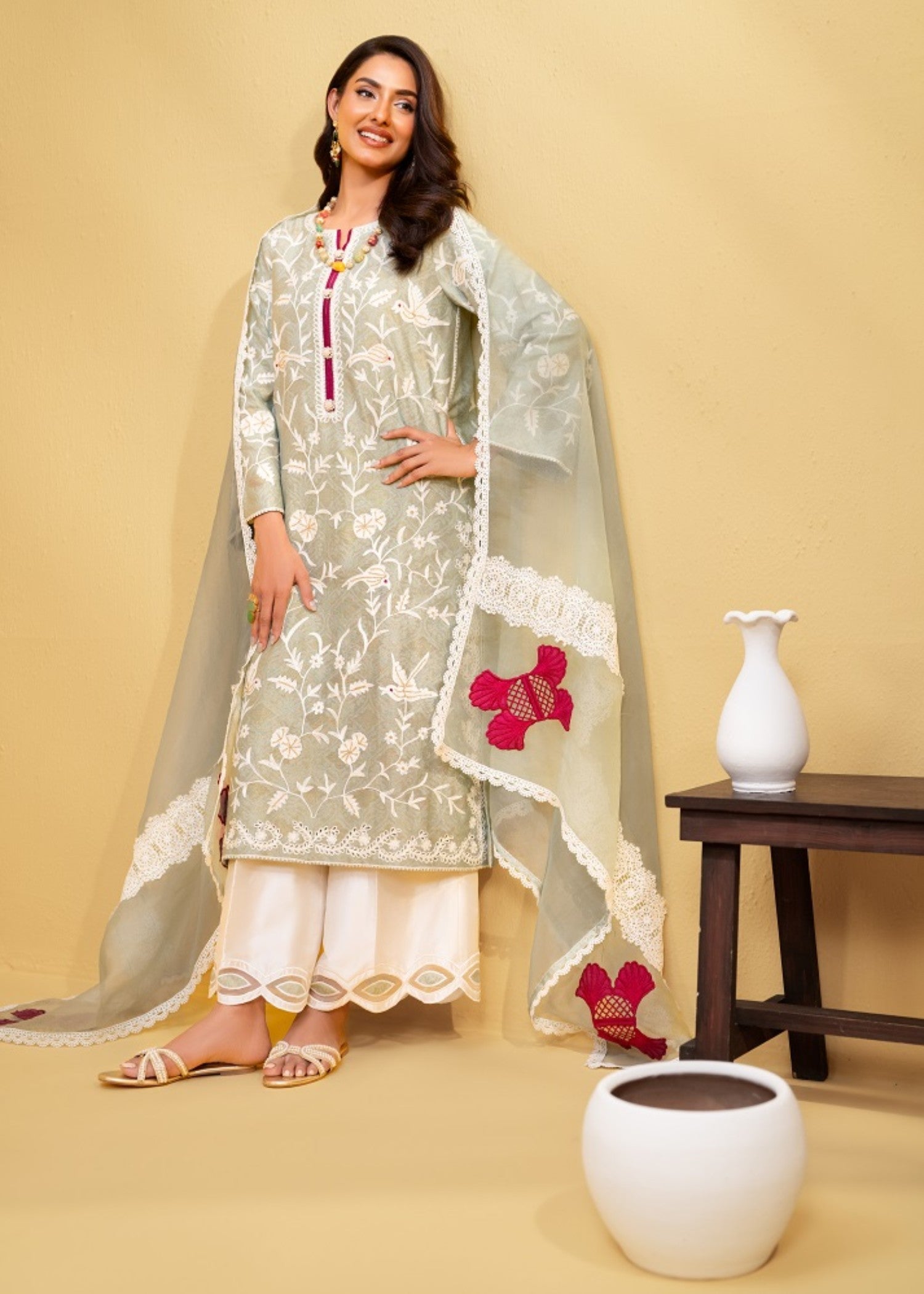 jacquard Kurta Set in Sage green