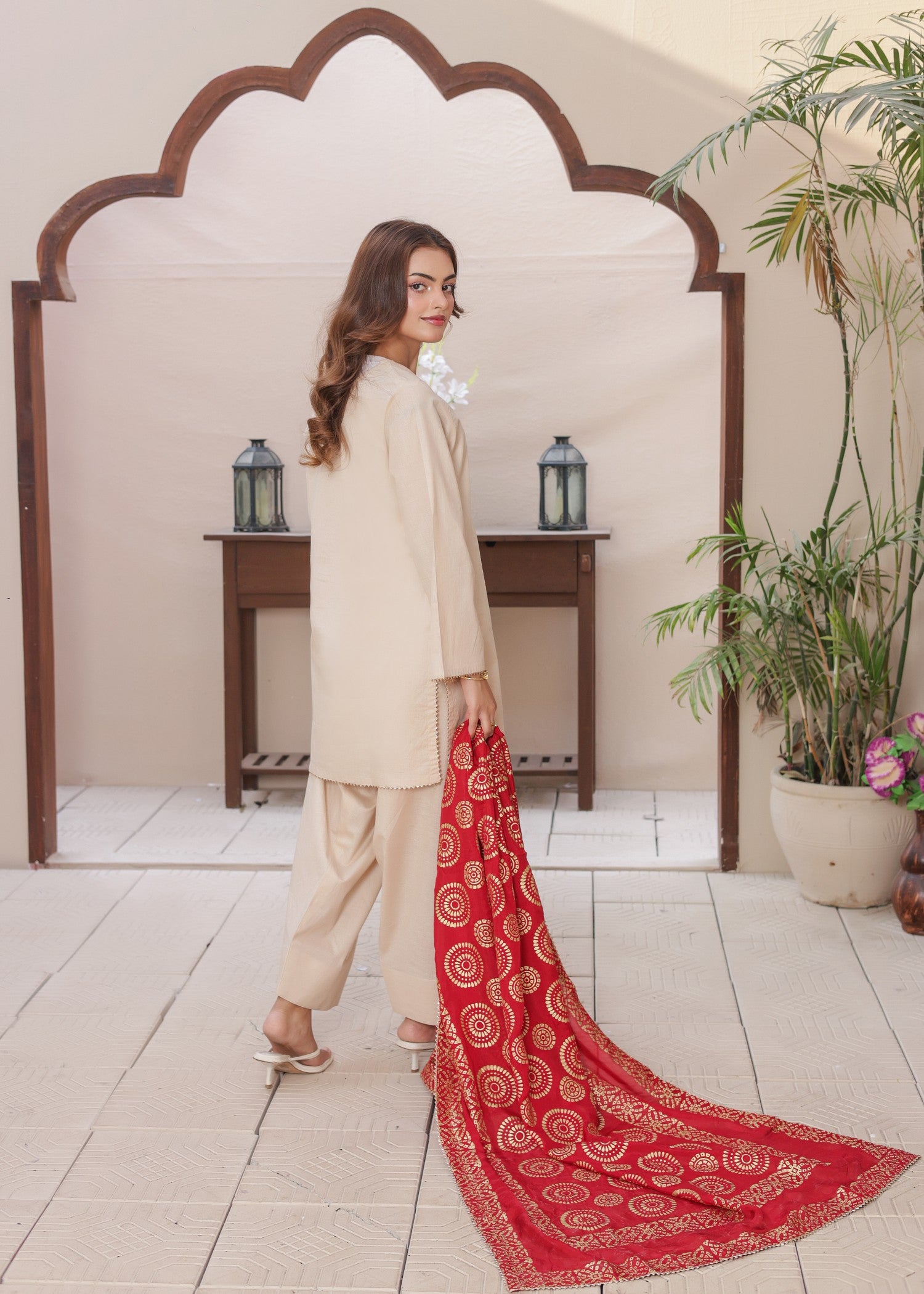 cambric Kurta Set in Fire red