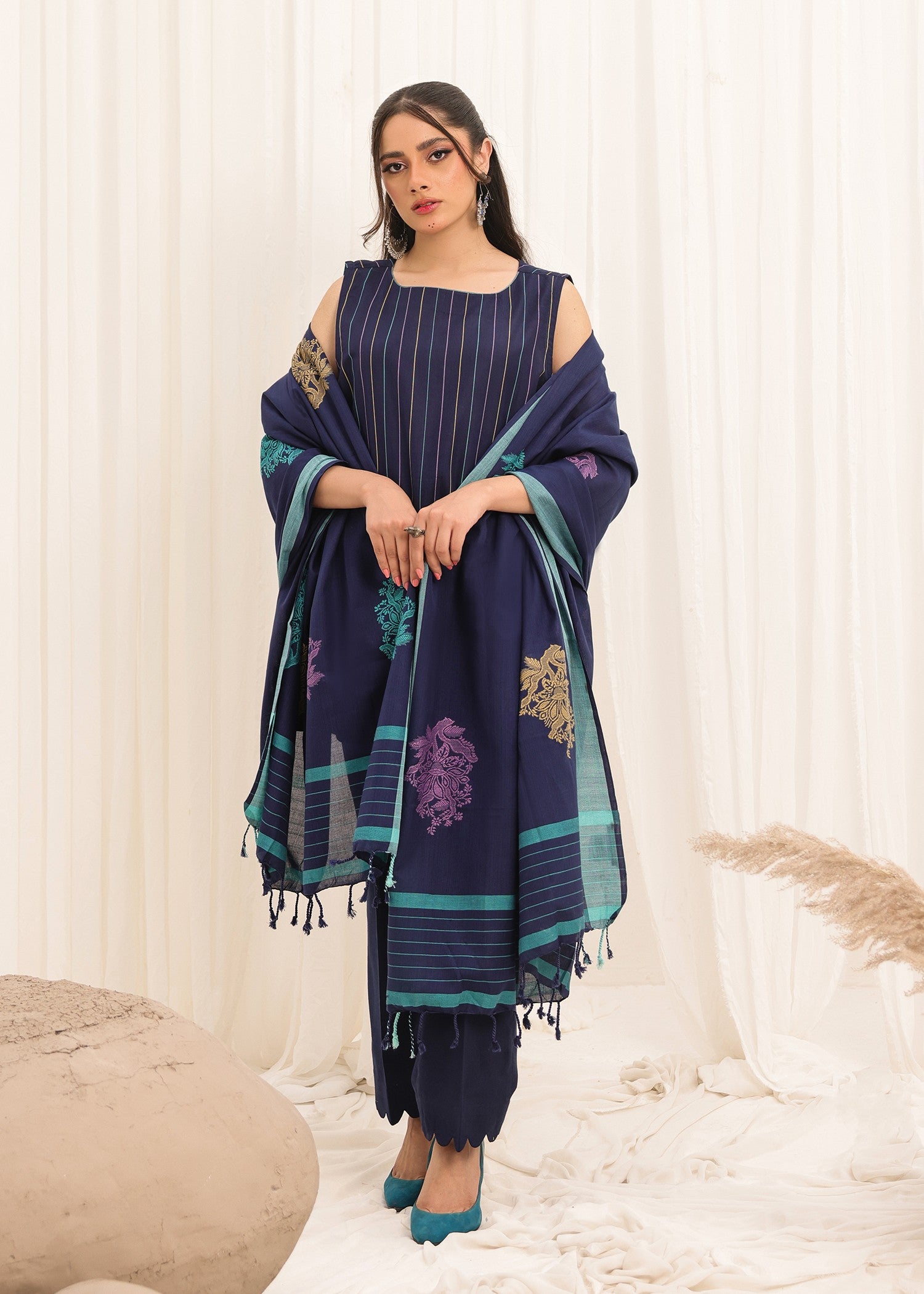 yarn dyed Unstitched in Navy blue