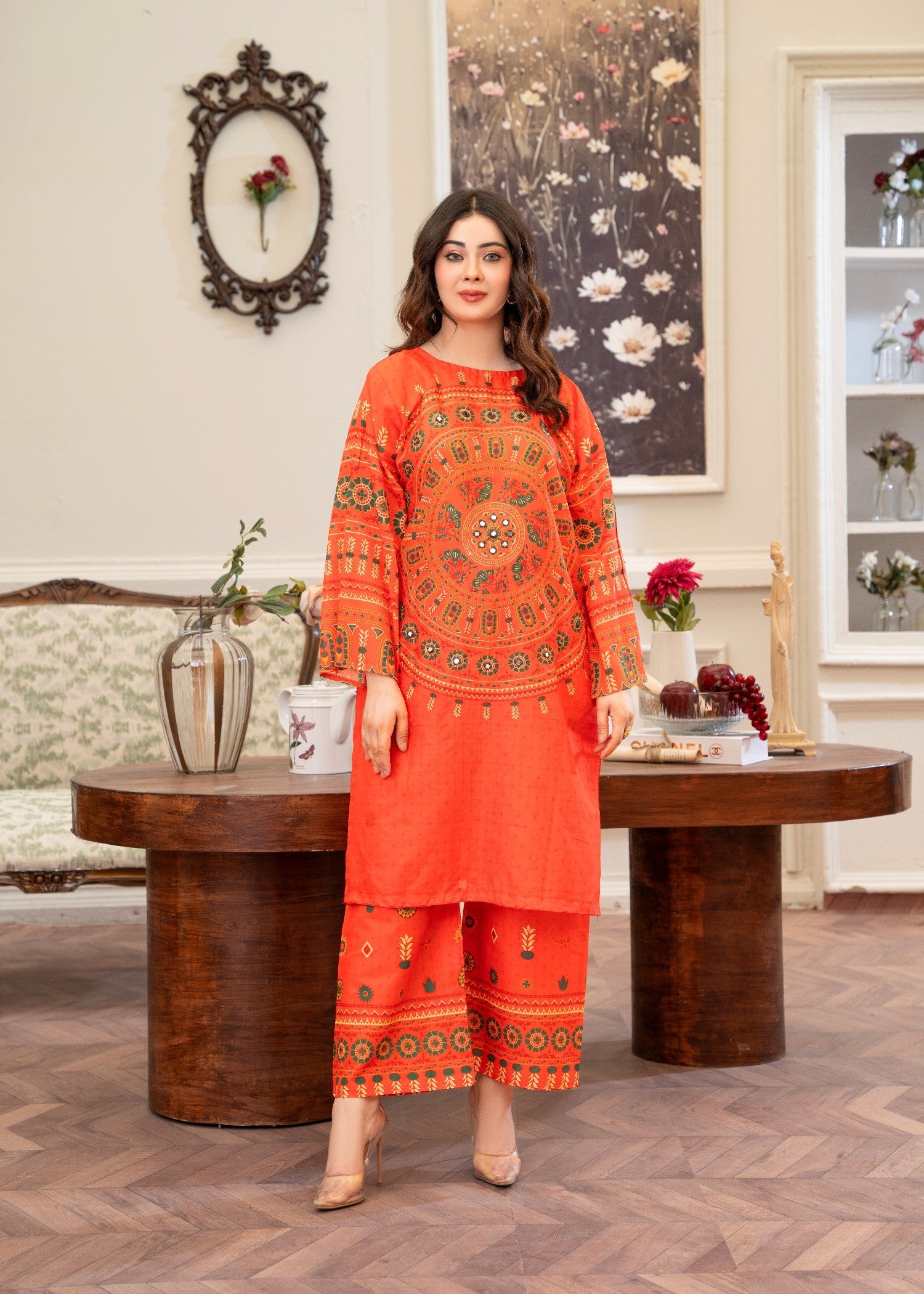 lawn cotton Kurta Set in Orange