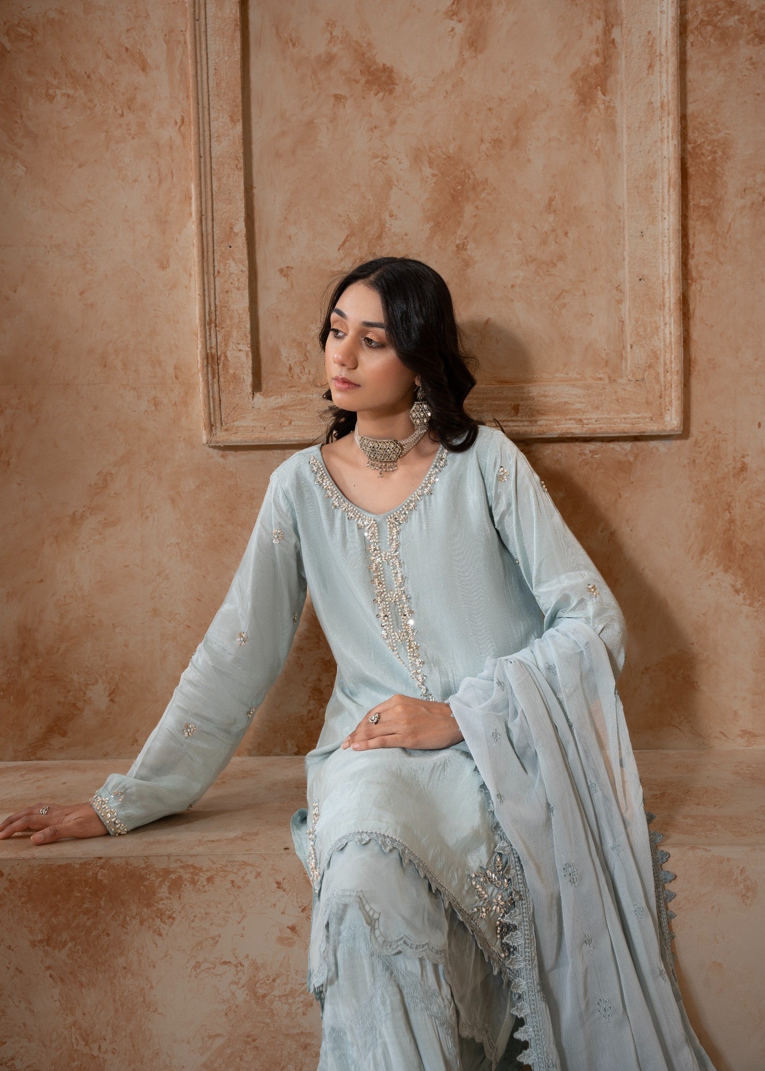 raw silk Kurta Set in Ash grey