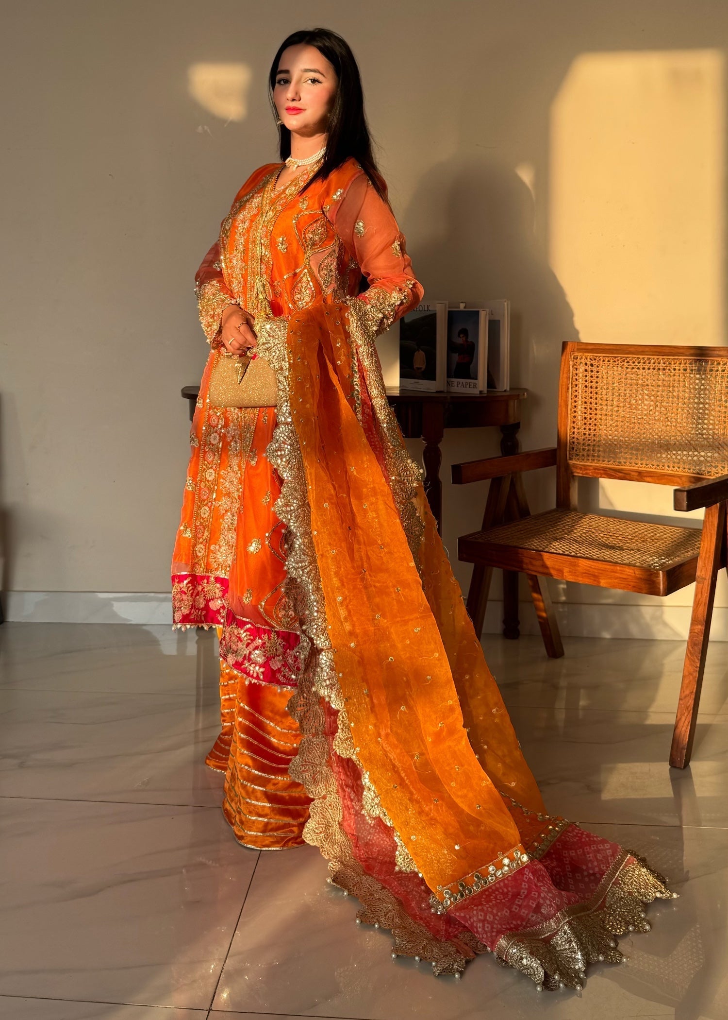 organza Angrakha in Orange, pumpkin orange