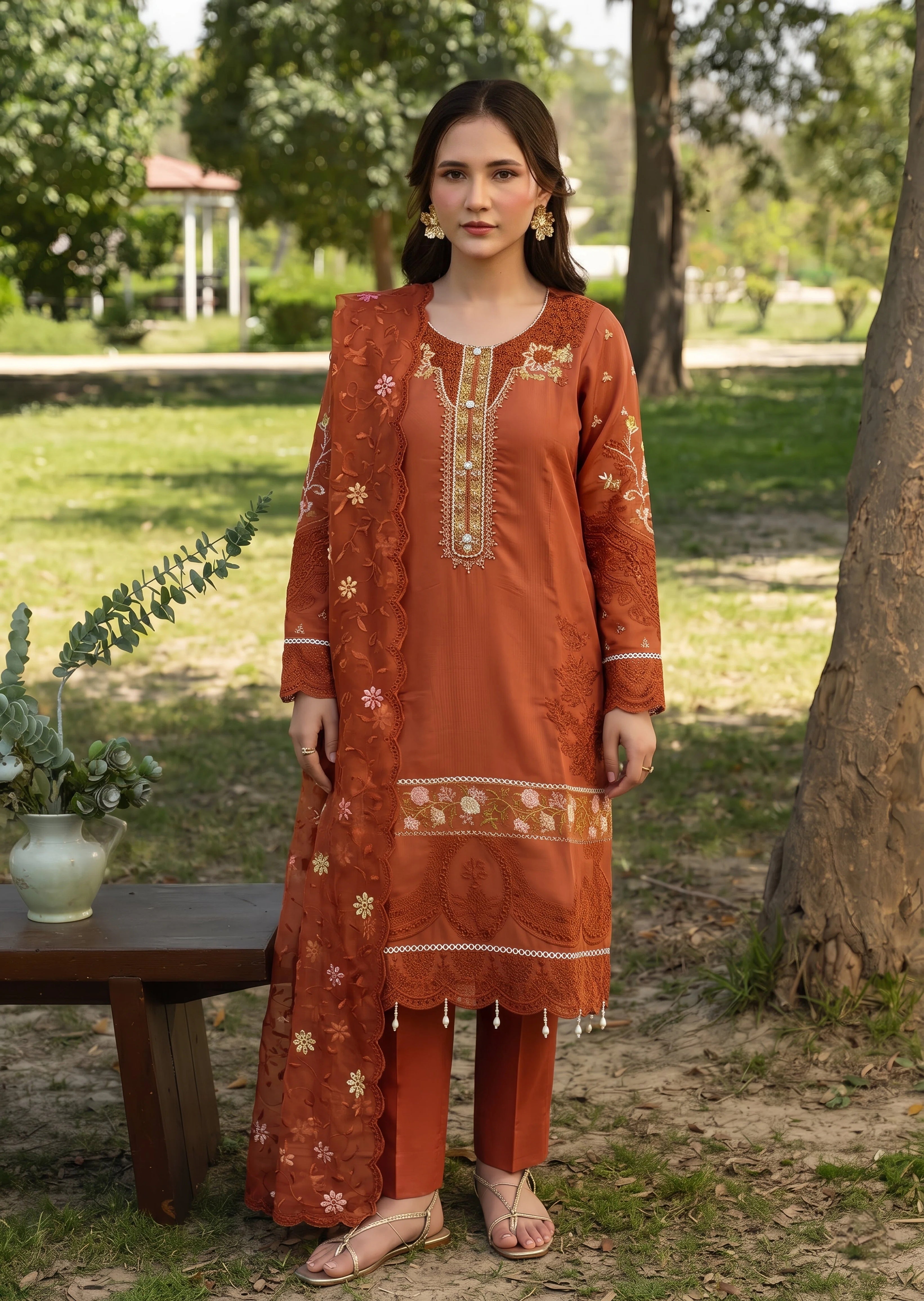 organza Kurta Set in Rust orange