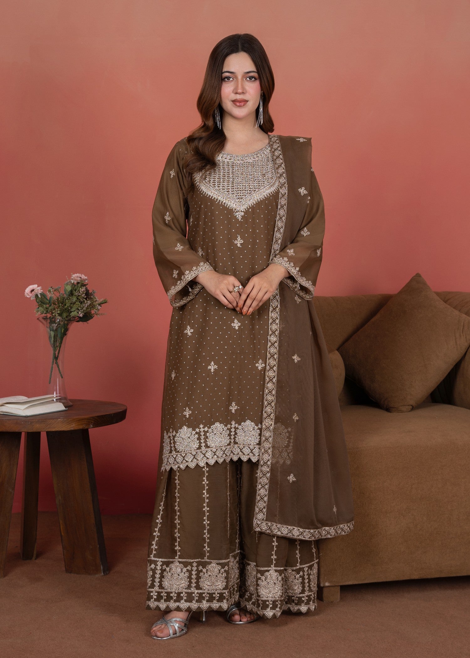 chiffon Kurta Set in Almond brown