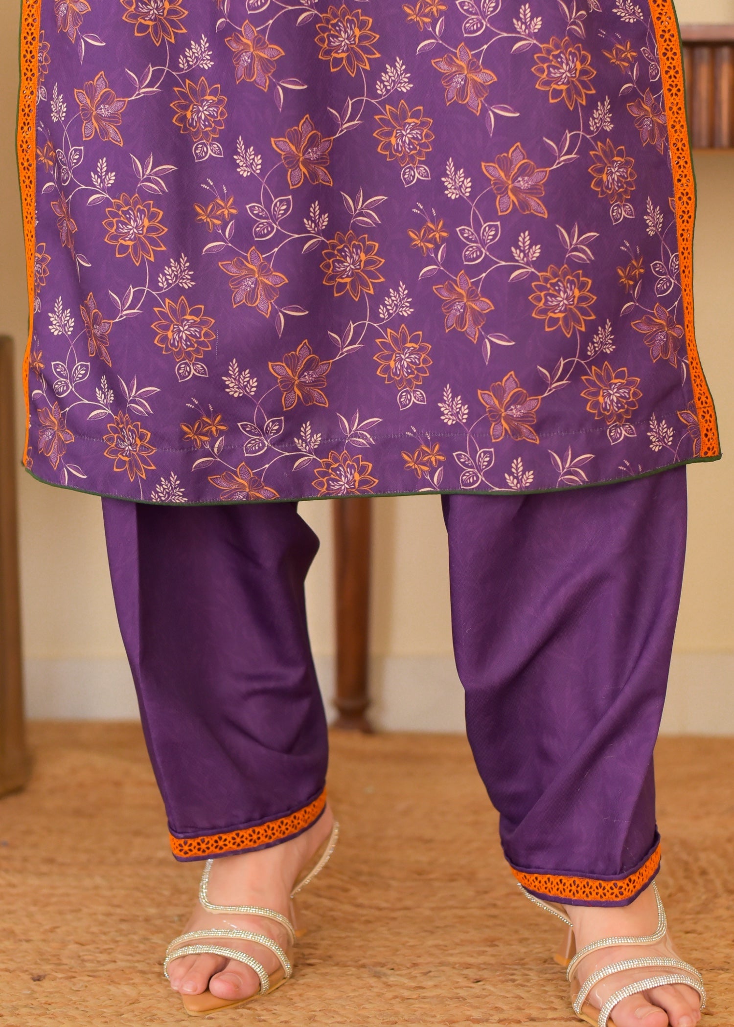 slub cambric Kurta Set in Purple