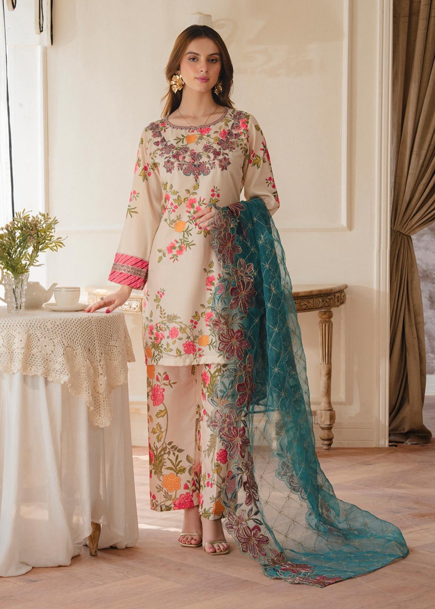 poly lawn Kurta Set in Teal, red, off-white
