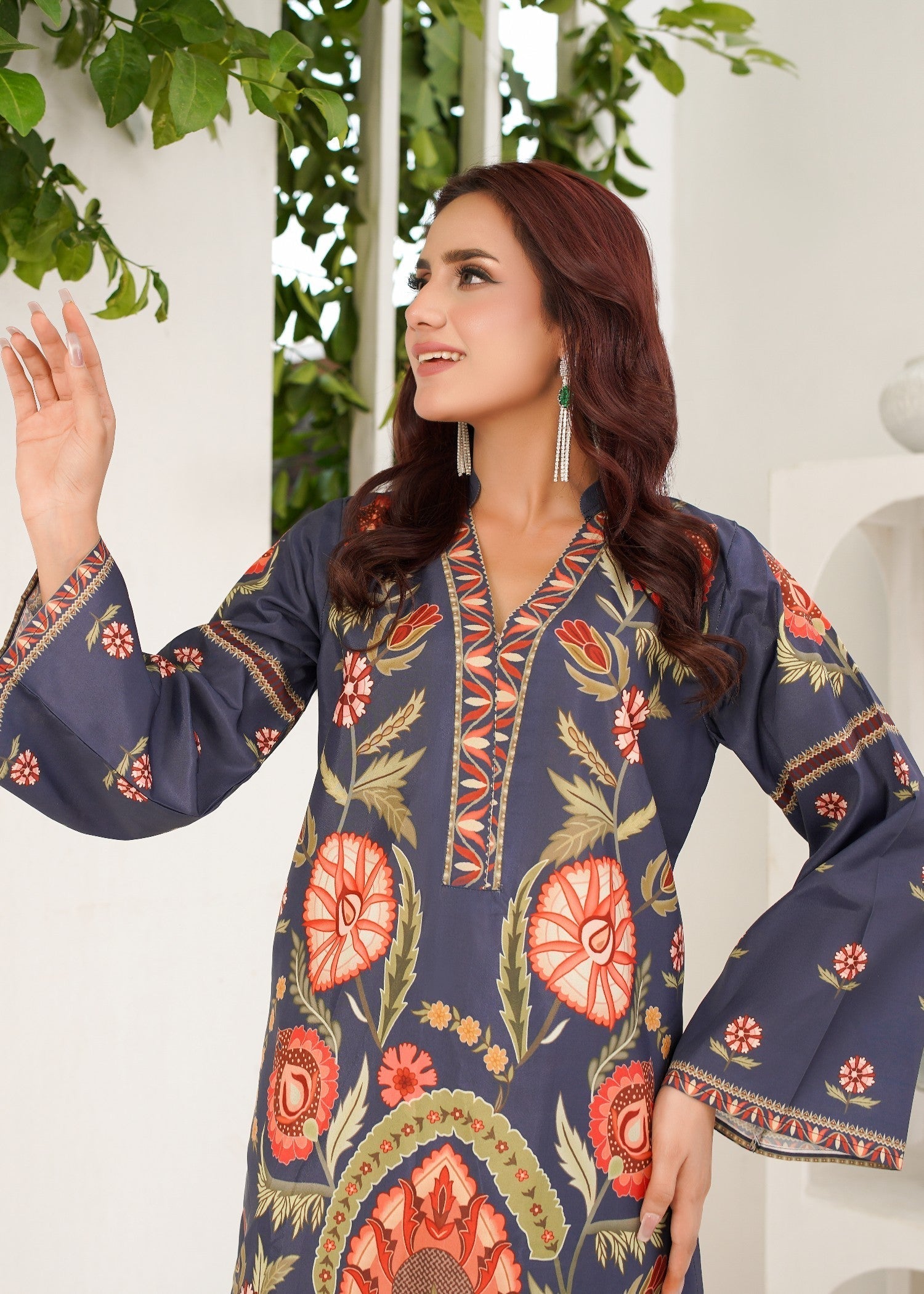 polyester crepe Kurta Set in Navy blue