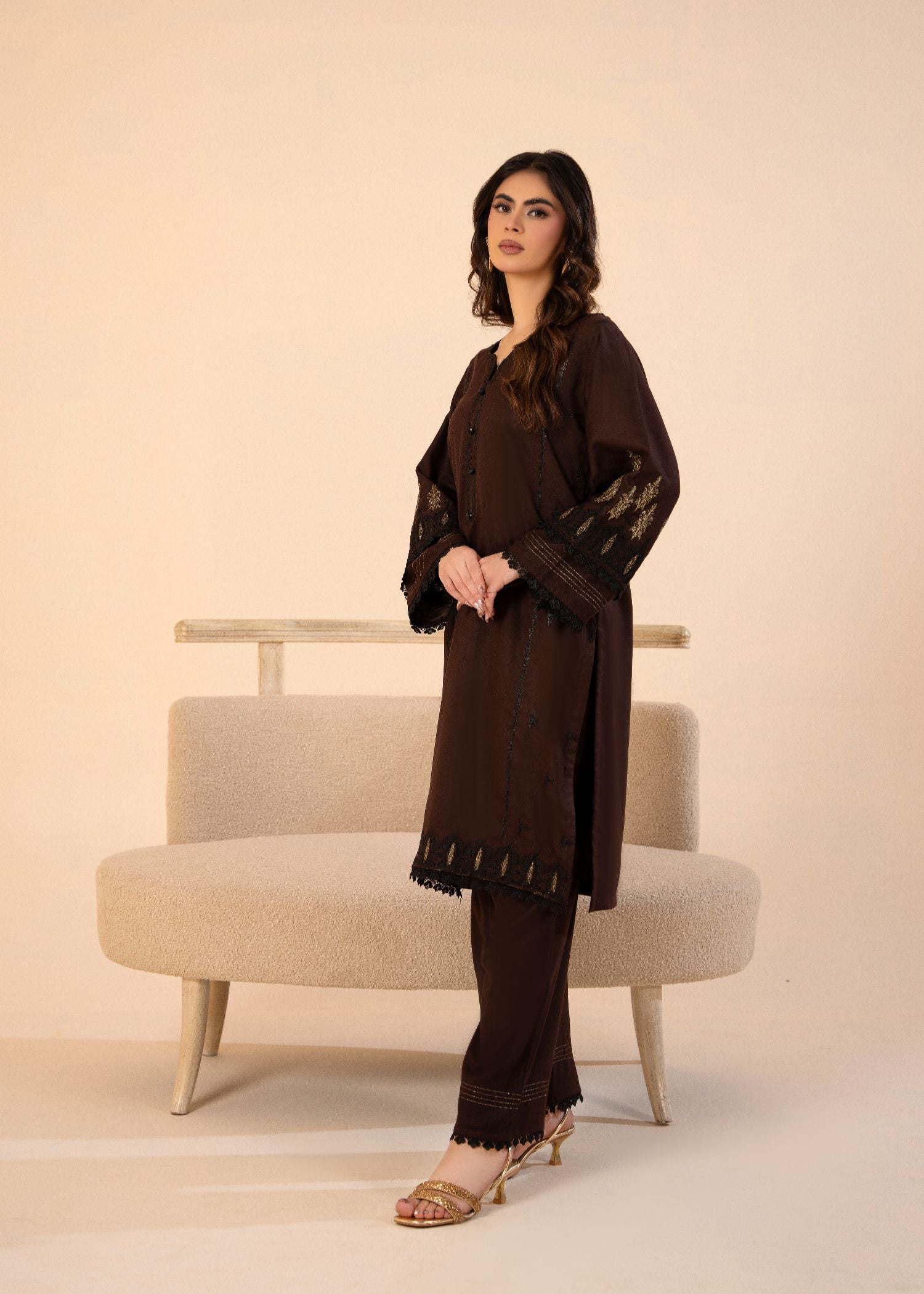dhanak Kurta Set in Chocolate brown