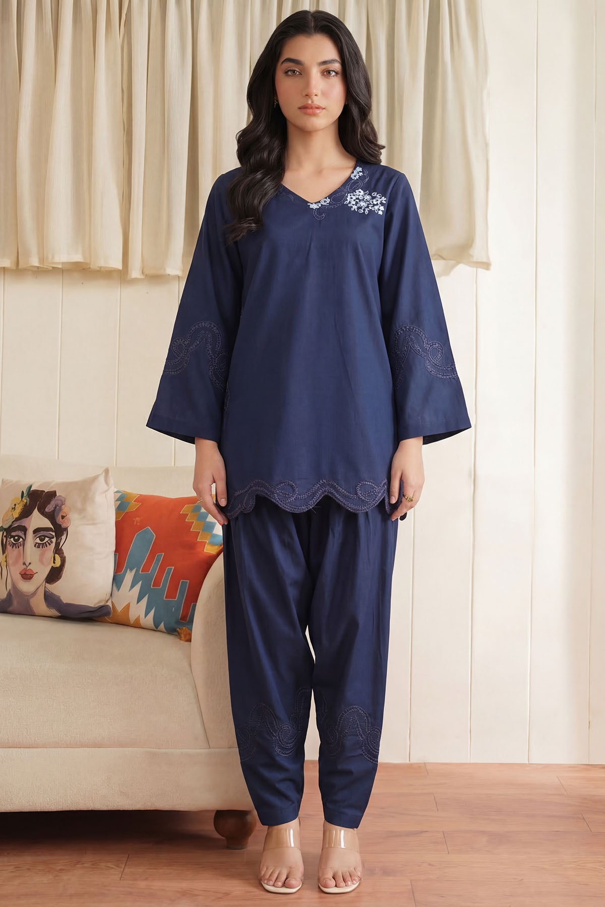 cambric Kurta Set in Navy blue