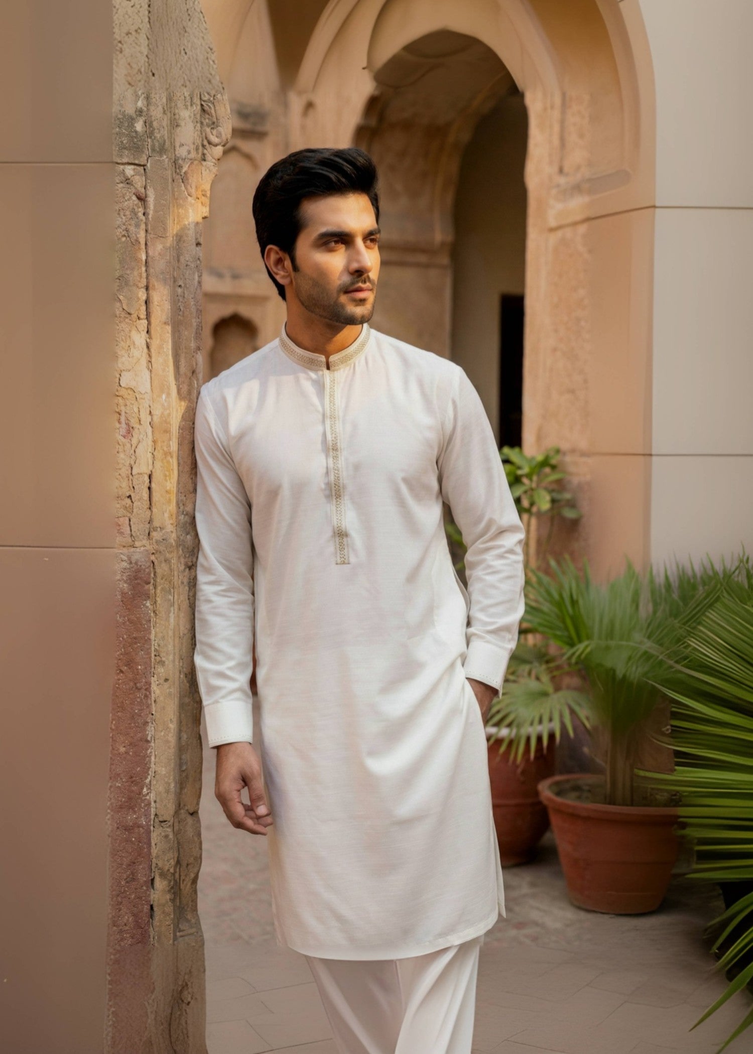 textured wash & wear Shalwar Kameez in Off-white
