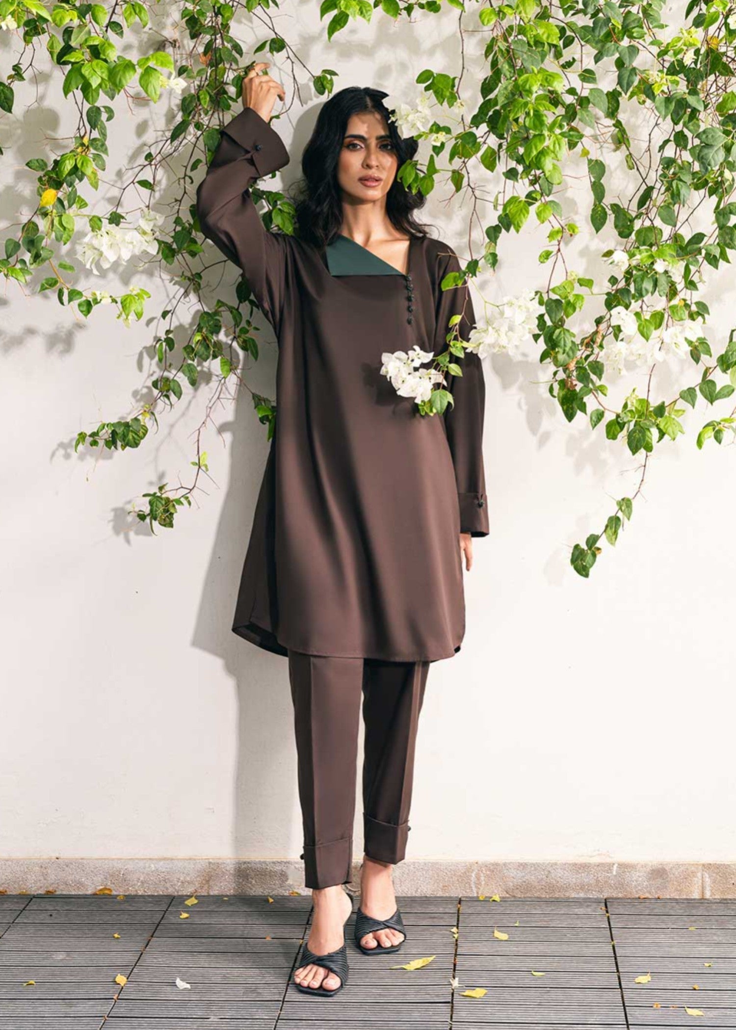 blended satin Co ord Sets in Dark brown