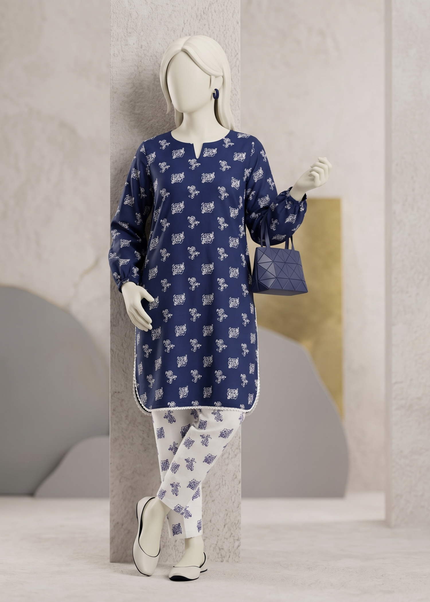 arabic lawn Kurta Set in Navy blue