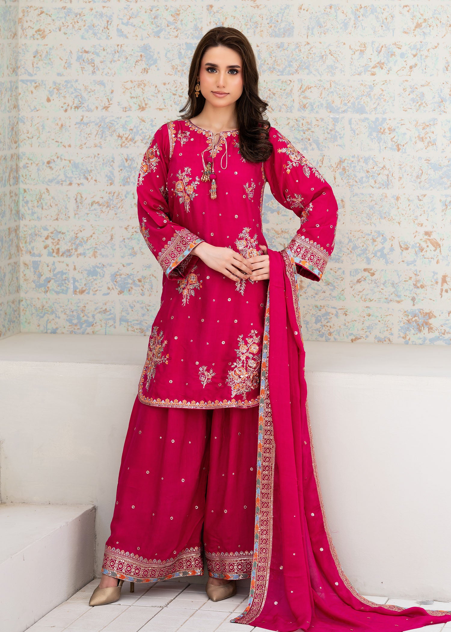 silk Kurta Set in Shocking pink