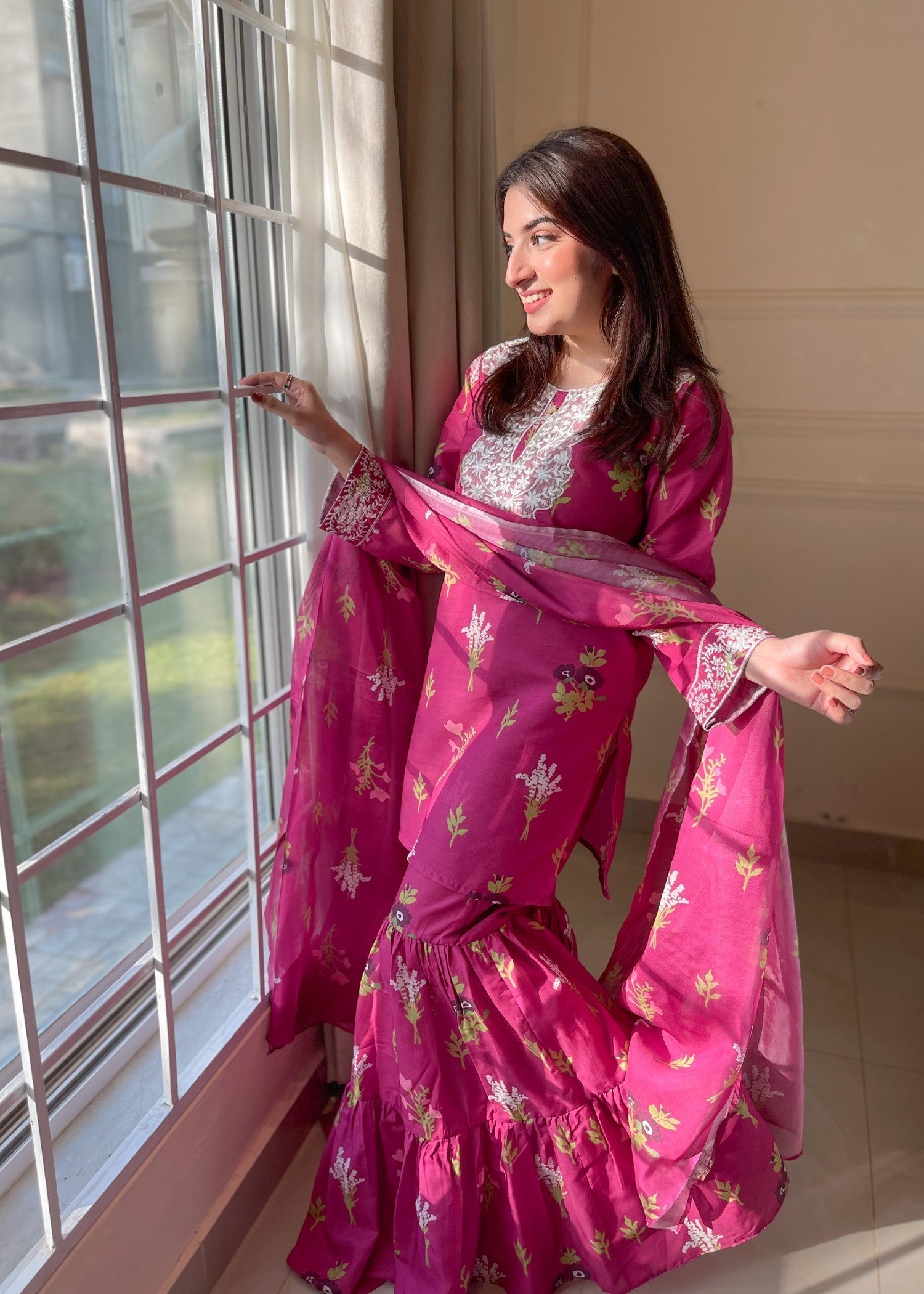poly lawn Gharara in Fuchsia pink