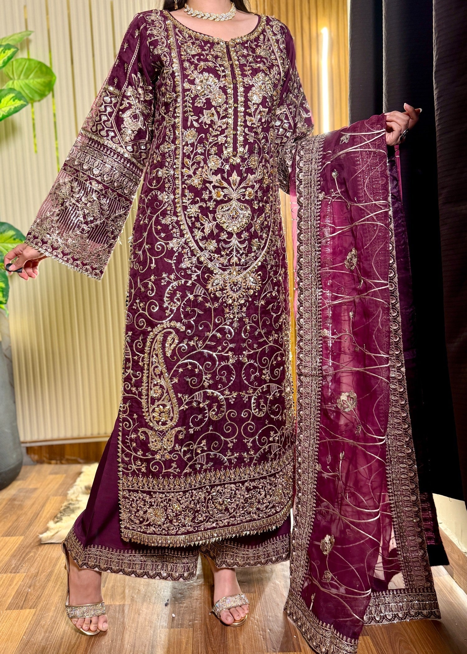 organza Kurta Set in Wine