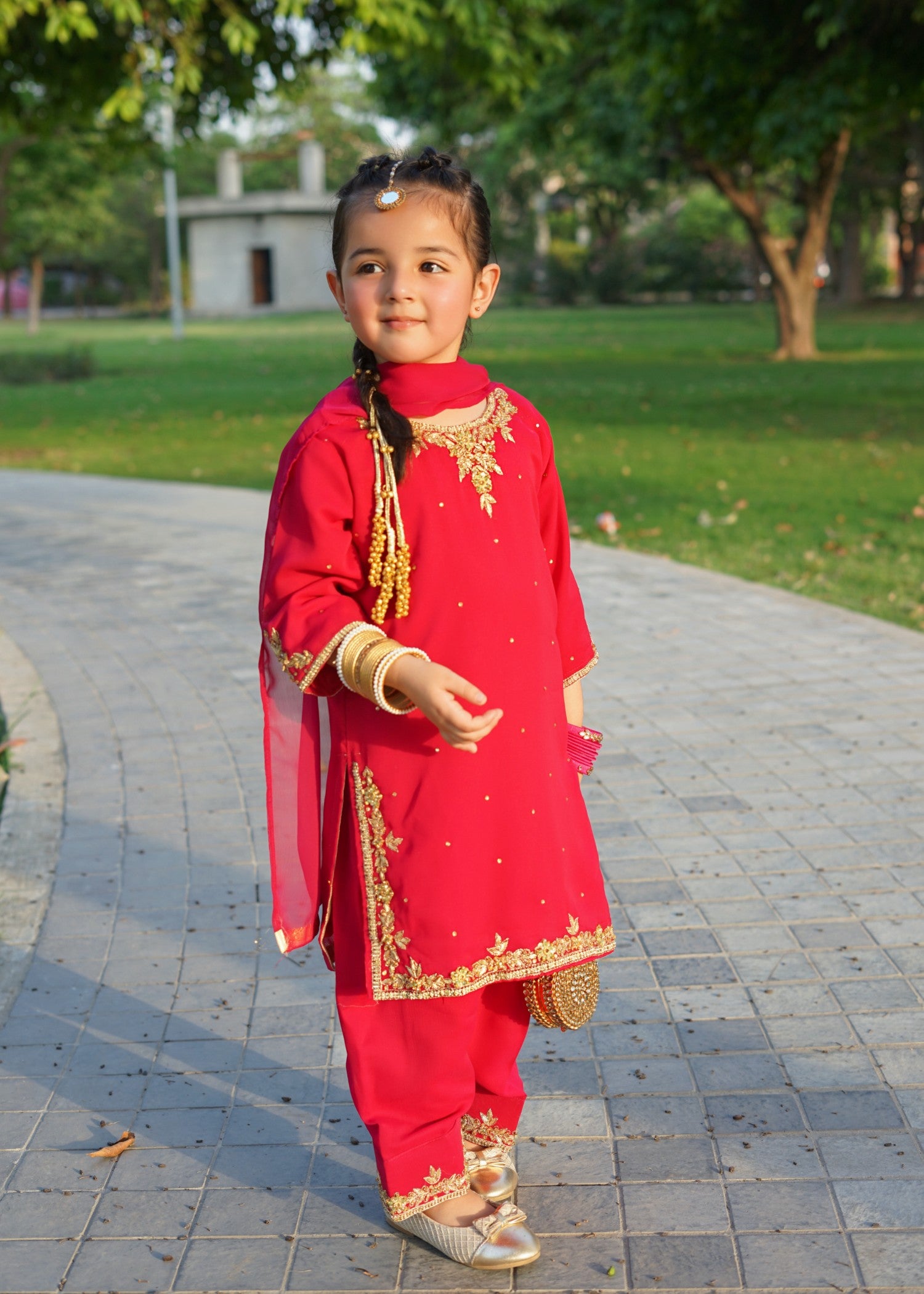 chiffon Kurta Set in Hot pink red