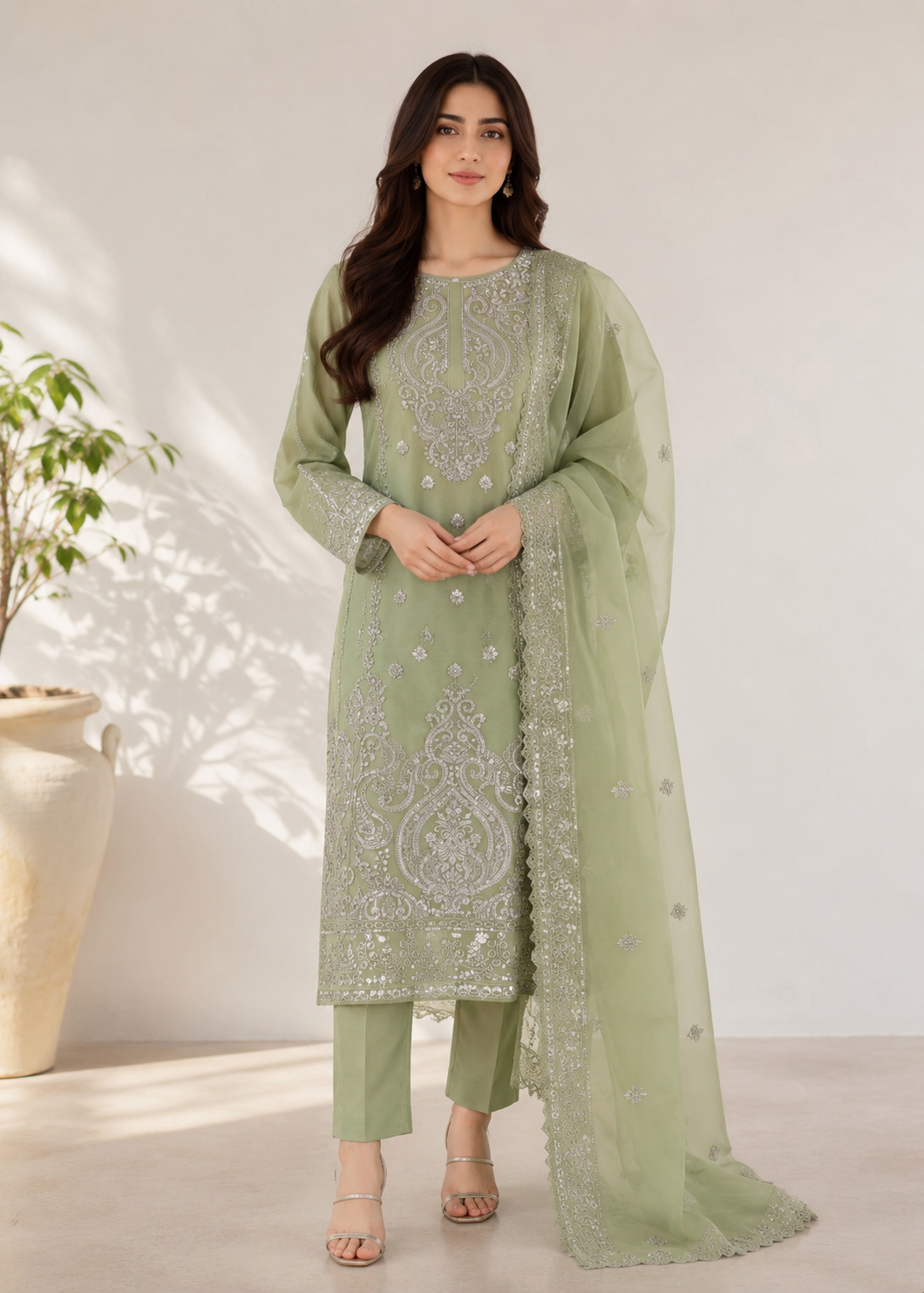organza Kurta Set in Sage green