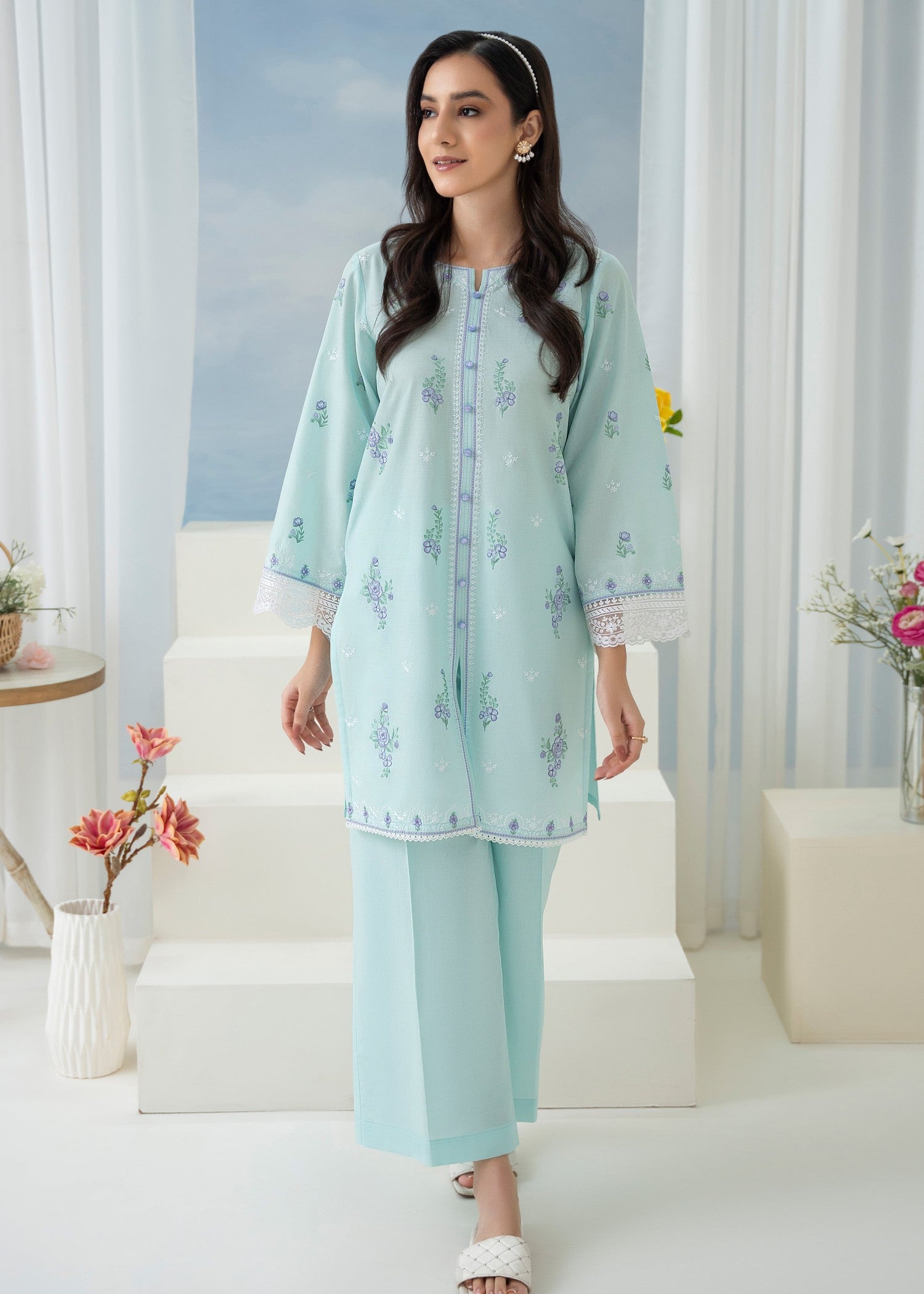 cambric Kurta Set in Powder blue