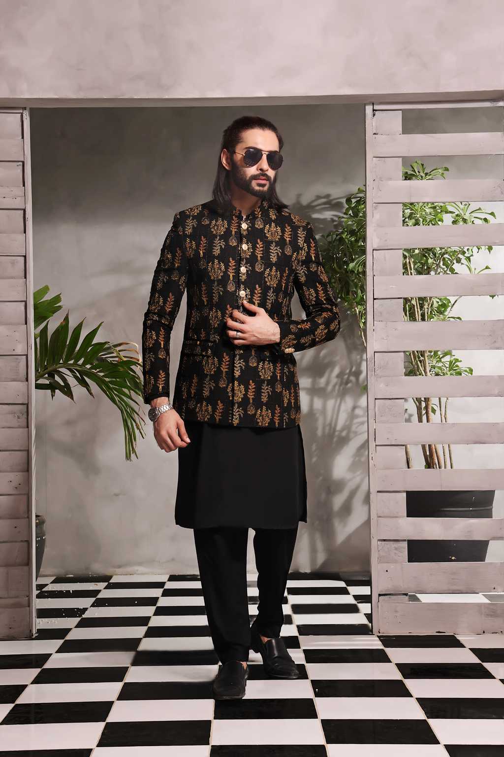 raw silk Prince Coat in Black