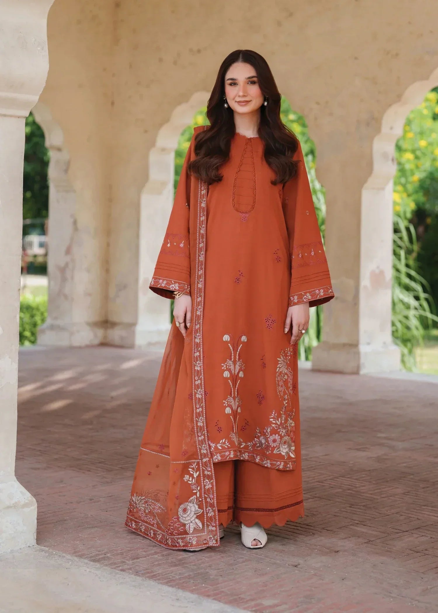 karandi Kurta Set in Coral orange