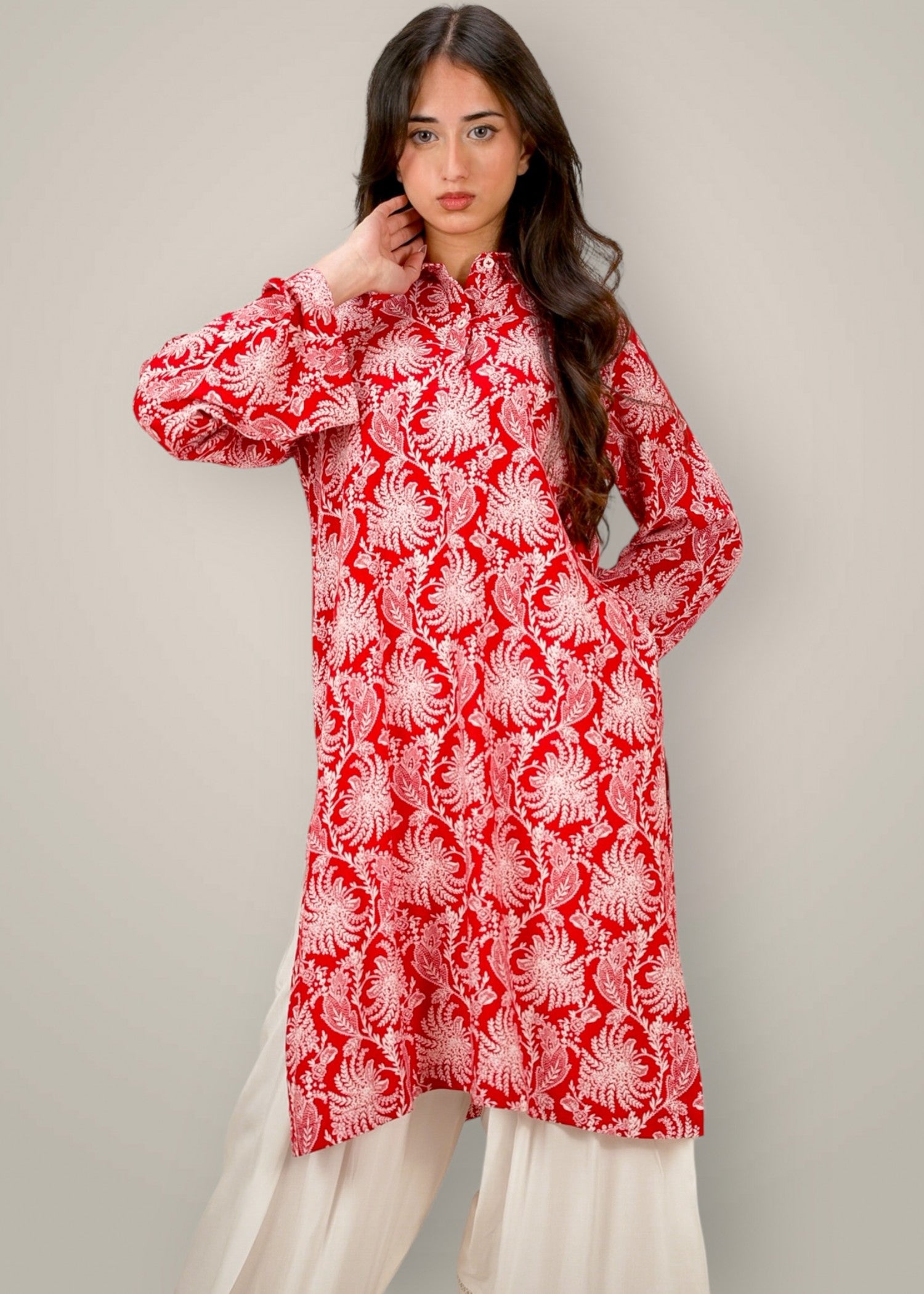 linen Kurta Set in White, fire red