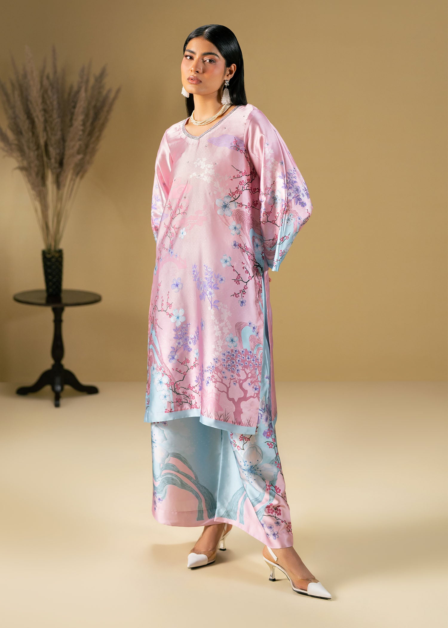silk charmeuse Kurta Set in Pink
