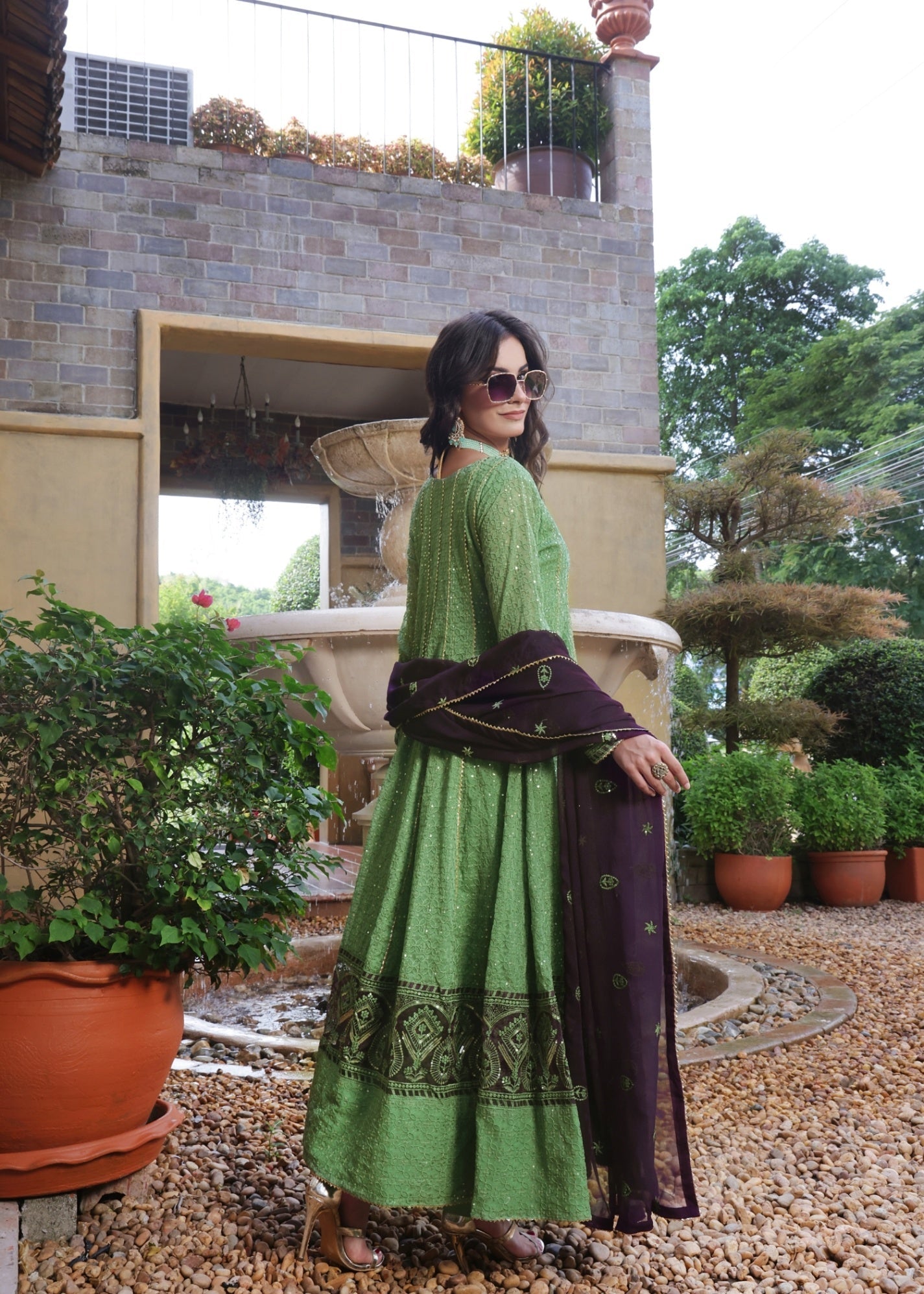 chiffon Pishwas in Pistachio green