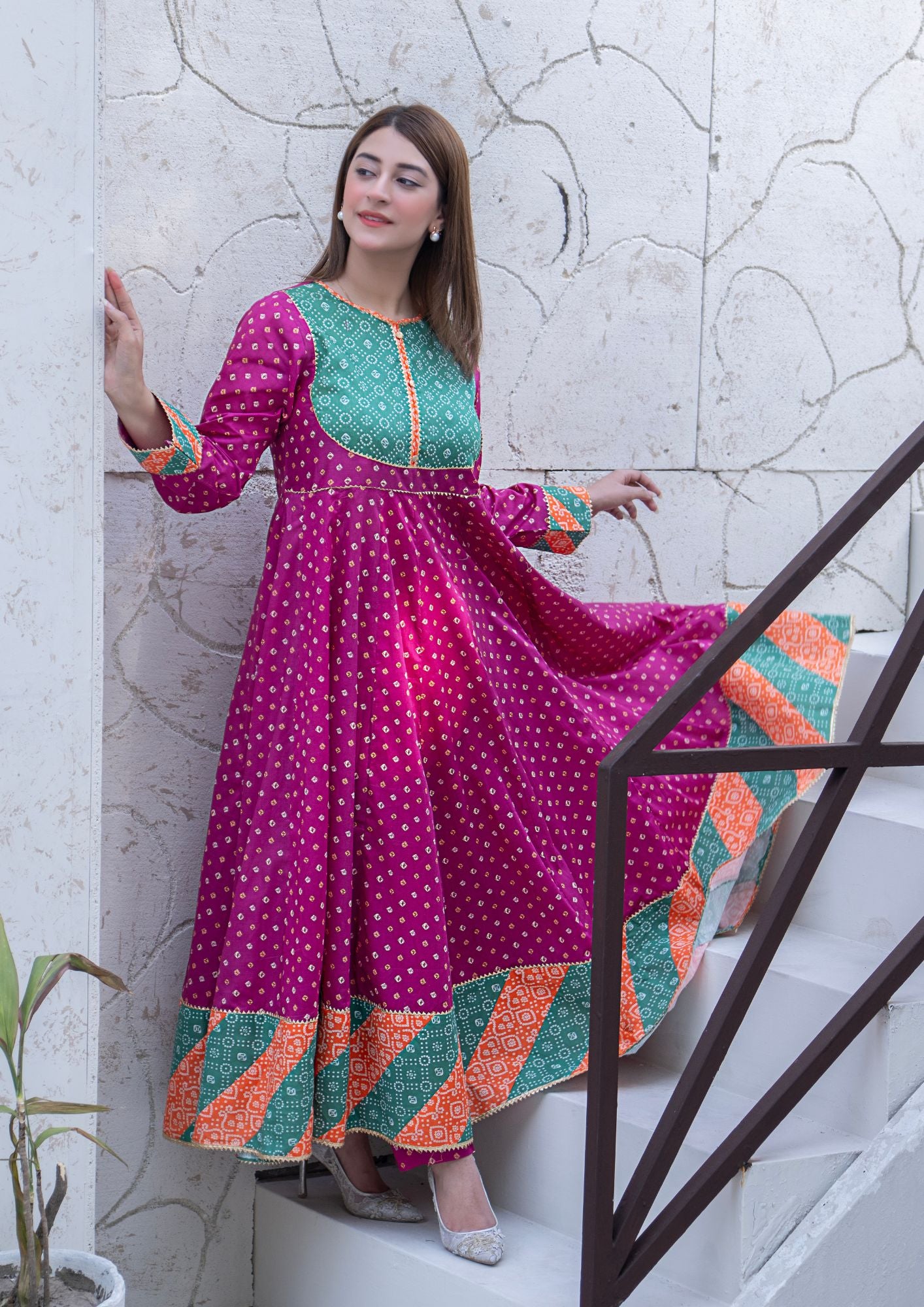 lawn Pishwas in Sea green, magenta haze