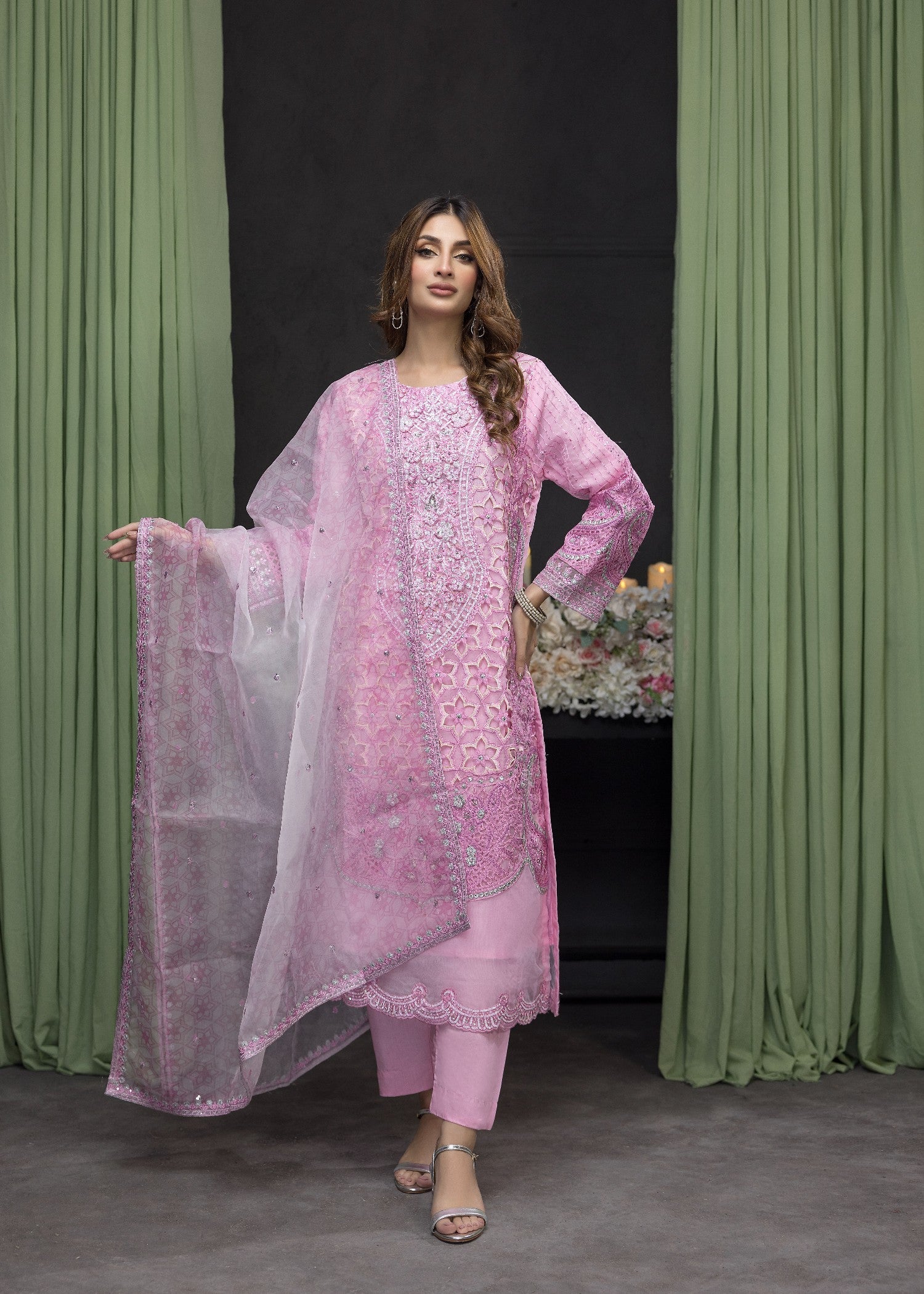 organza Kurta Set in Ultra pink
