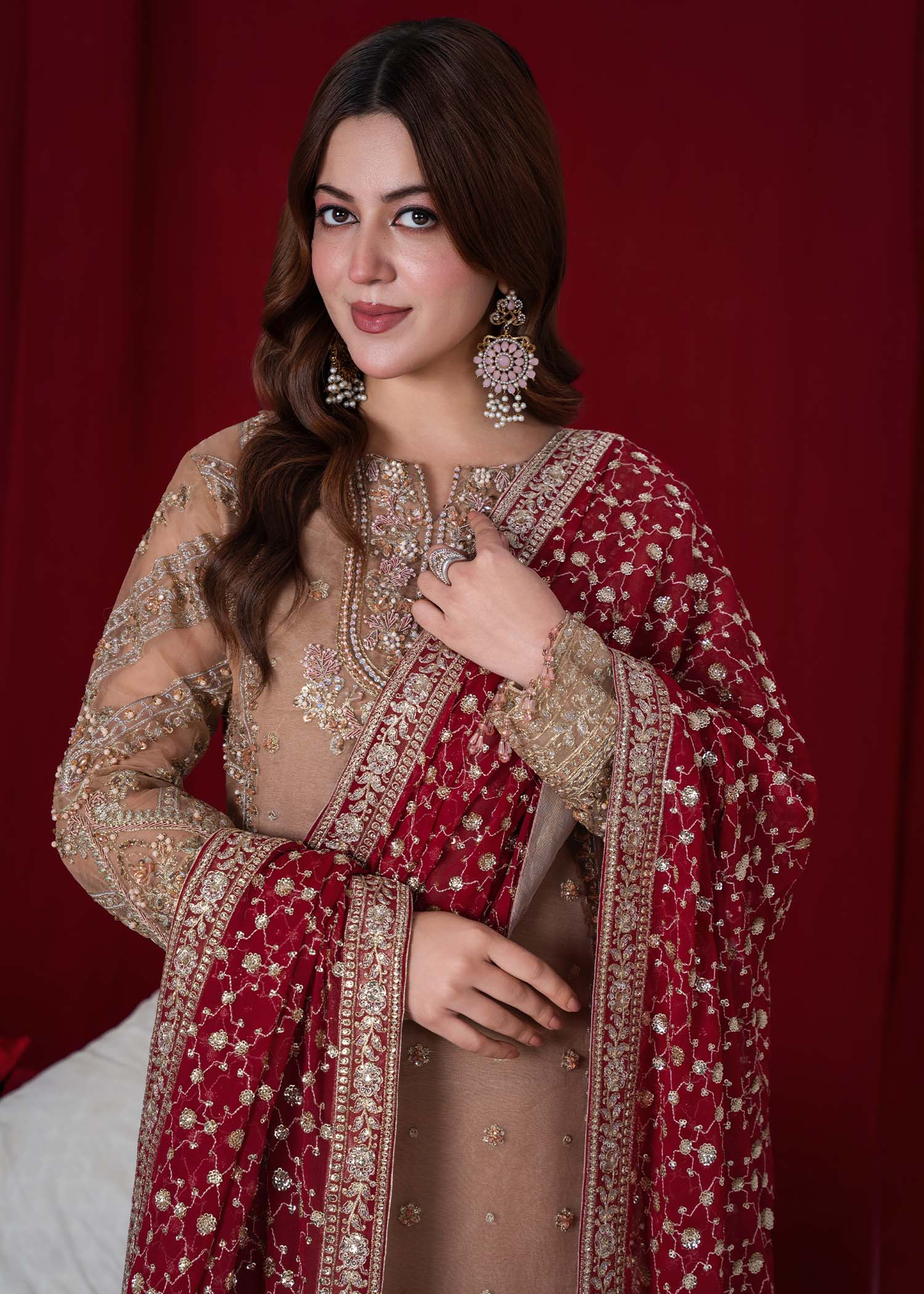 organza Kurta Set in Sand brown, maroon