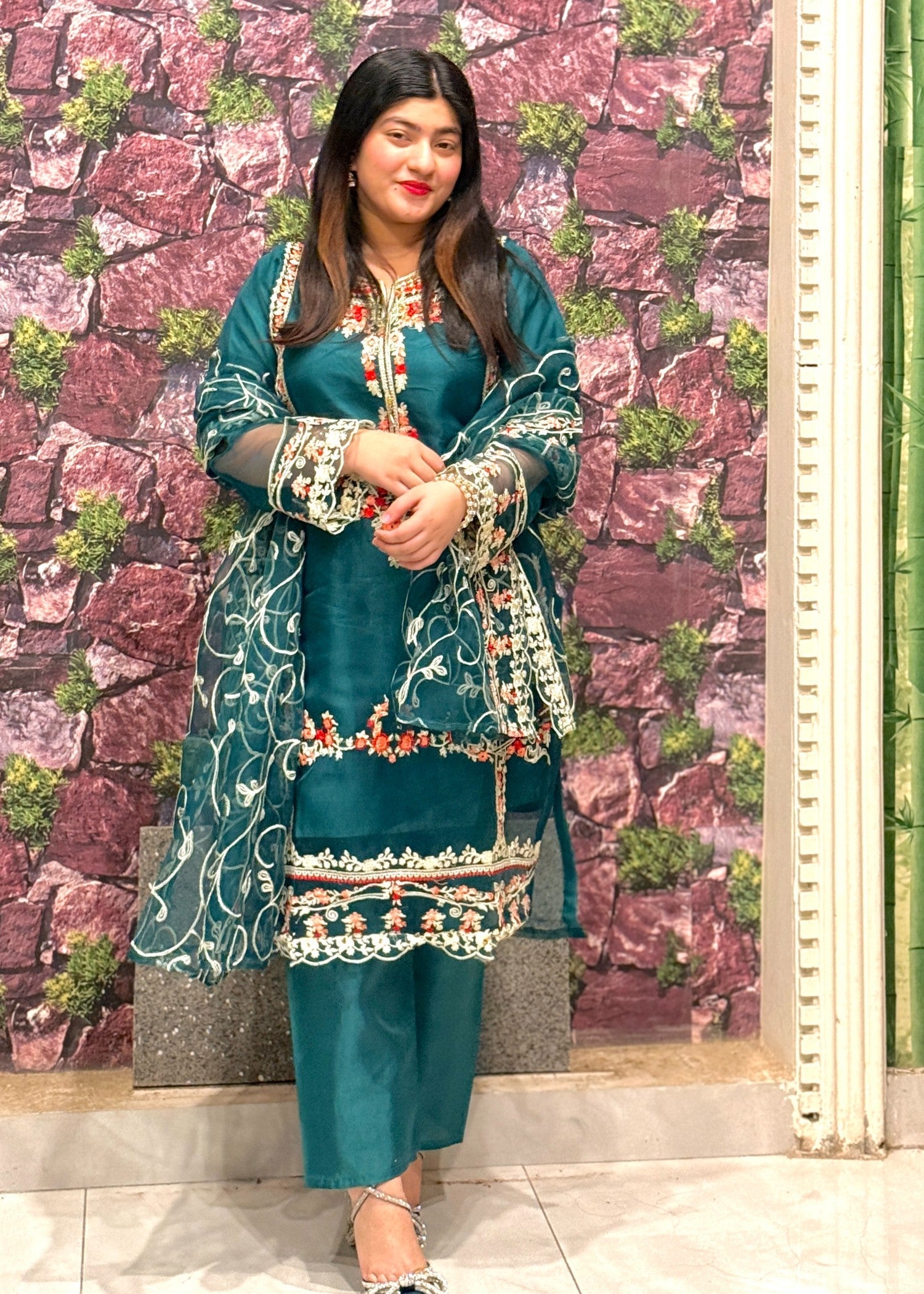 organza Kurta Set in Dark cyan