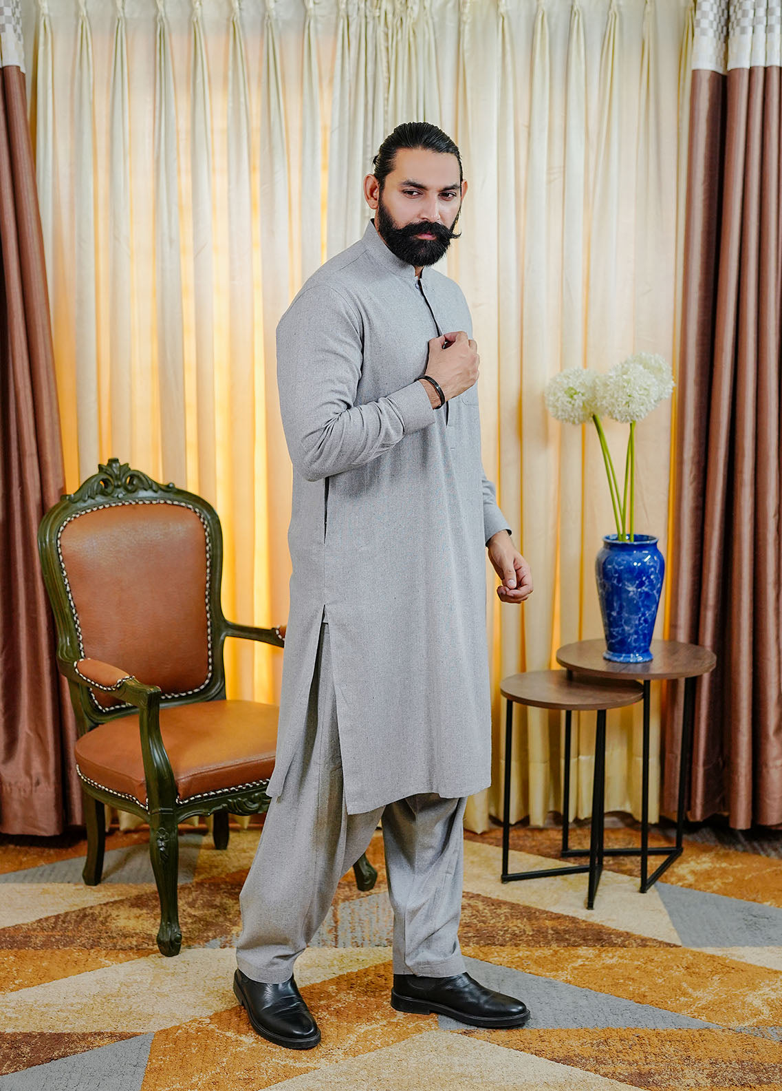 blended wool Shalwar Kameez in Grey