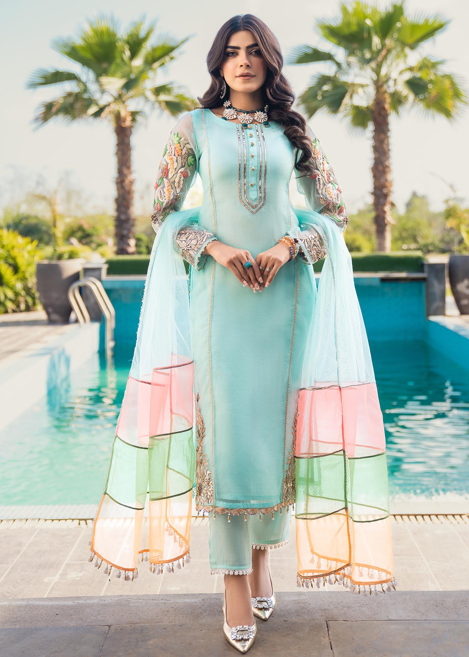 organza Kurta Set in Light cyan