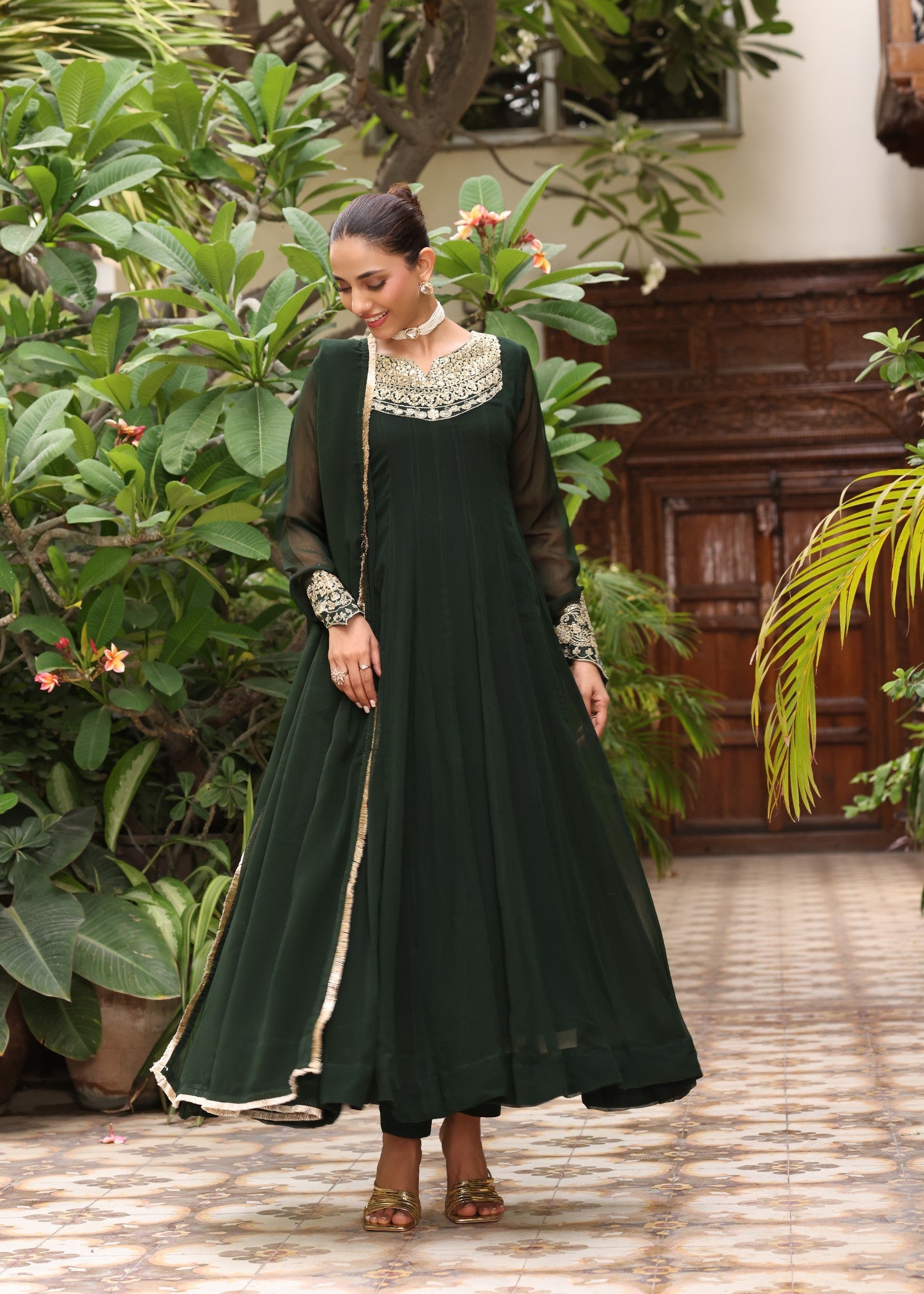chiffon Pishwas in Dark green