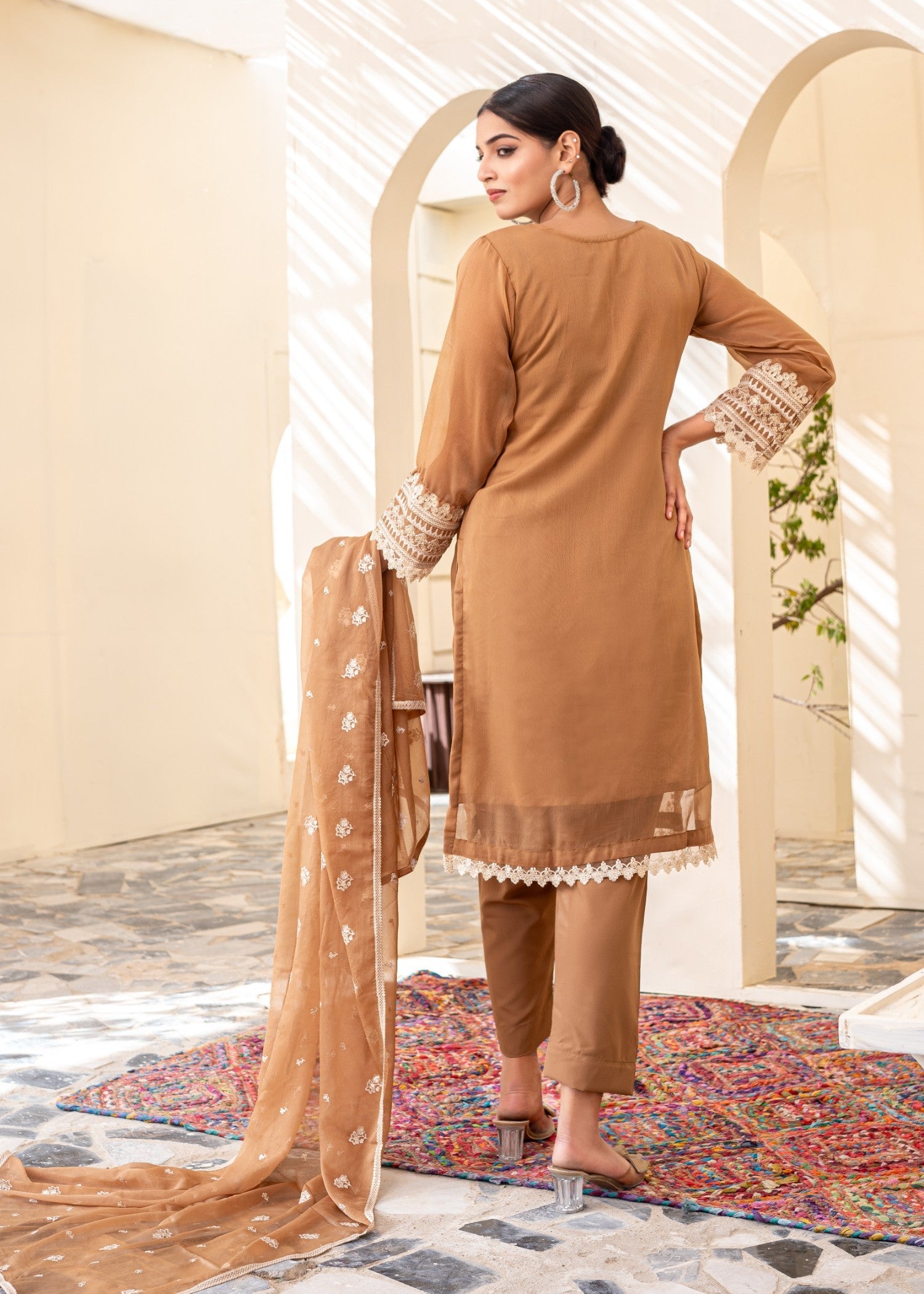 chiffon Kurta Set in Brown