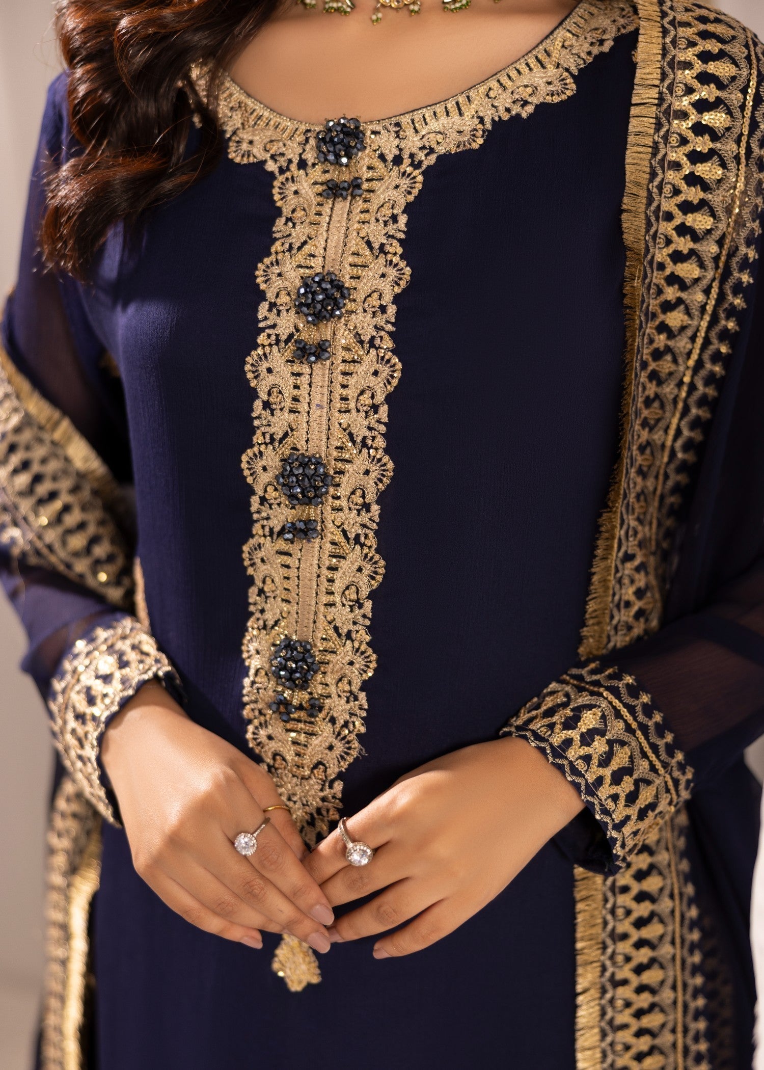 bemberg crinkle chiffon Kurta Set in Navy blue