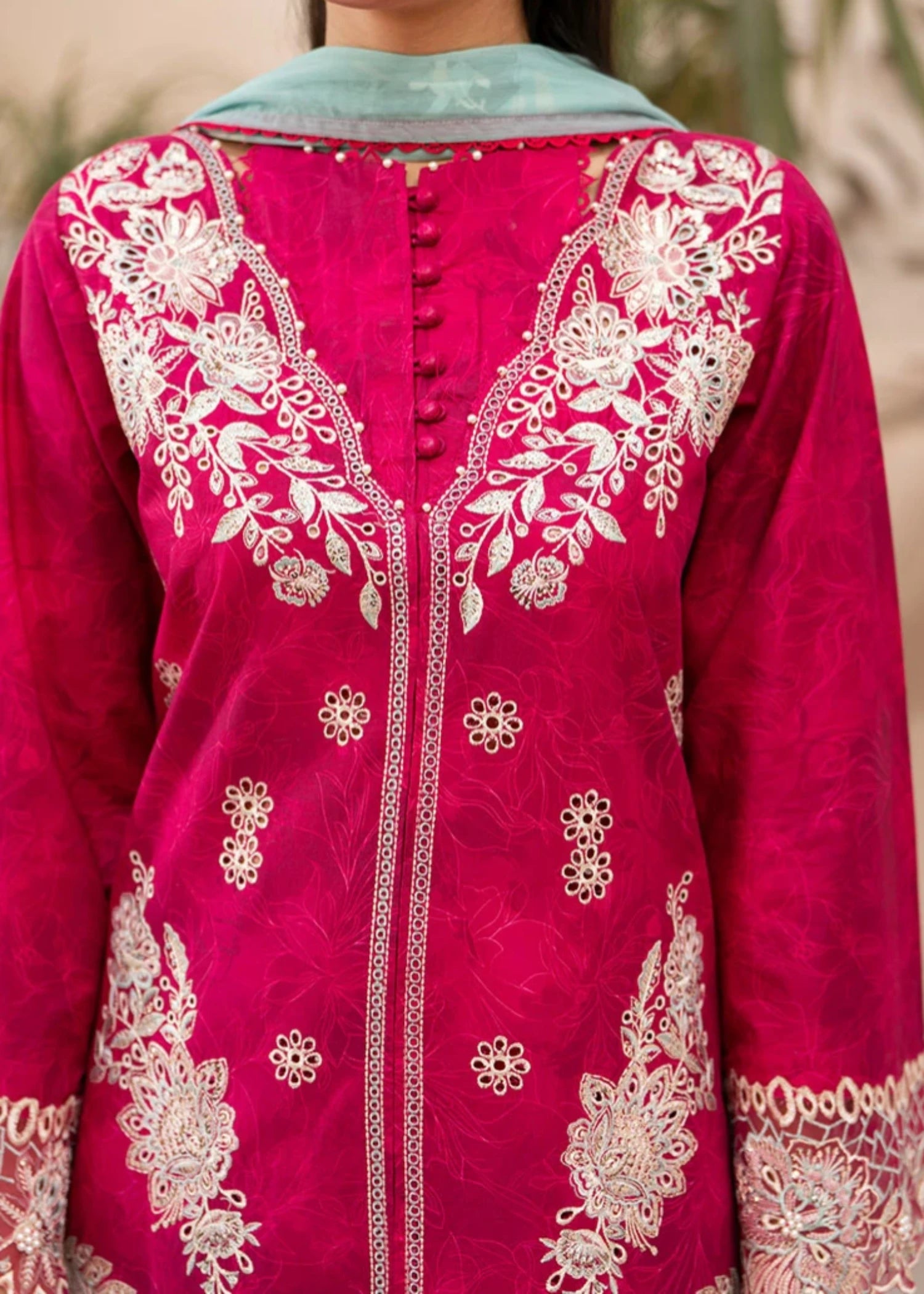 cambric Kurta Set in Shocking pink