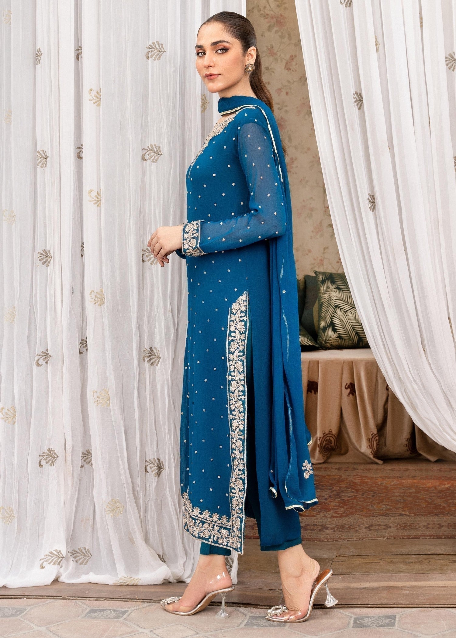 crinkle chiffon Kurta Set in Ocean blue