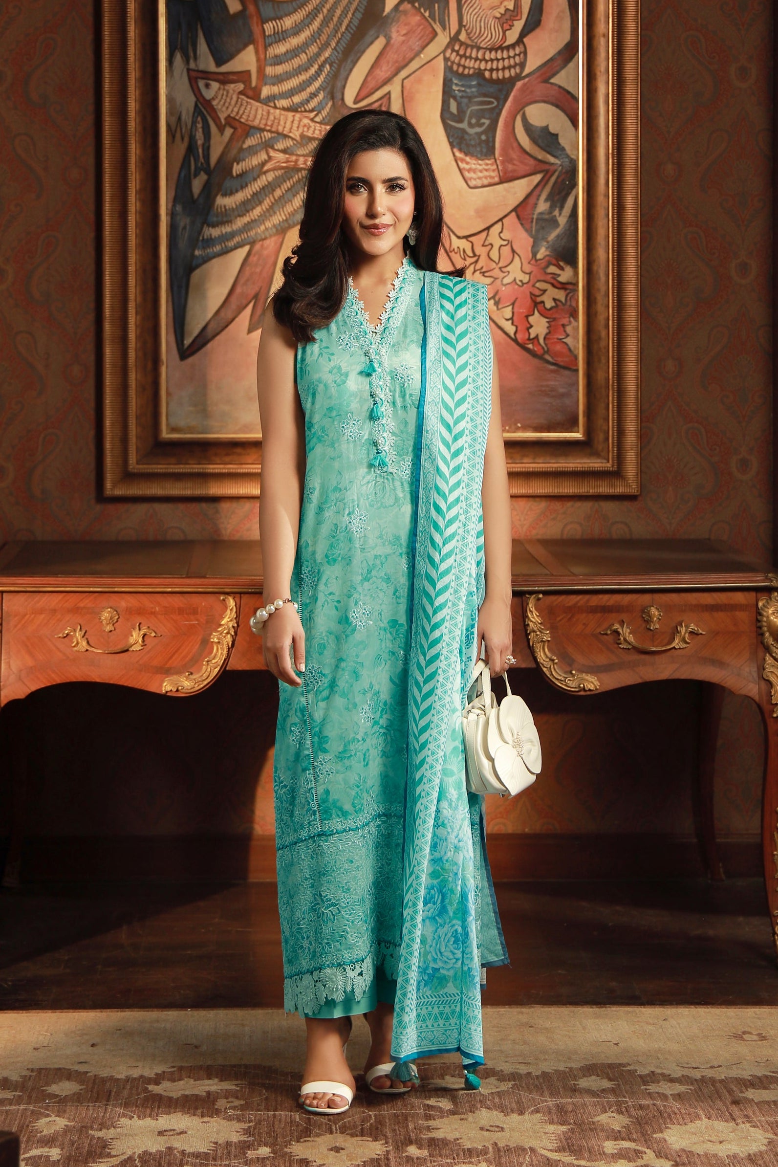 zari lawn Unstitched in Sky