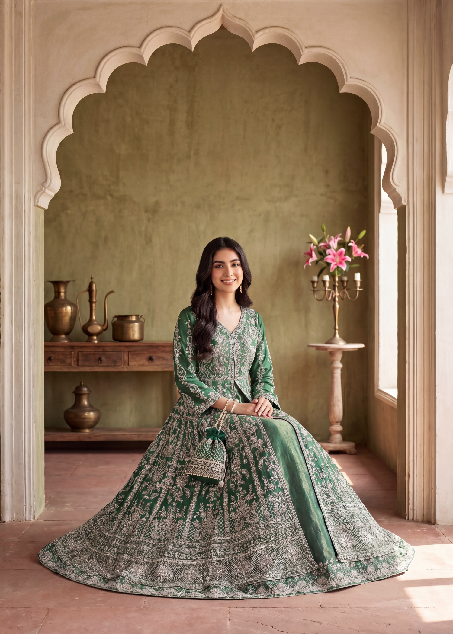 organza Pishwas in Bottle green