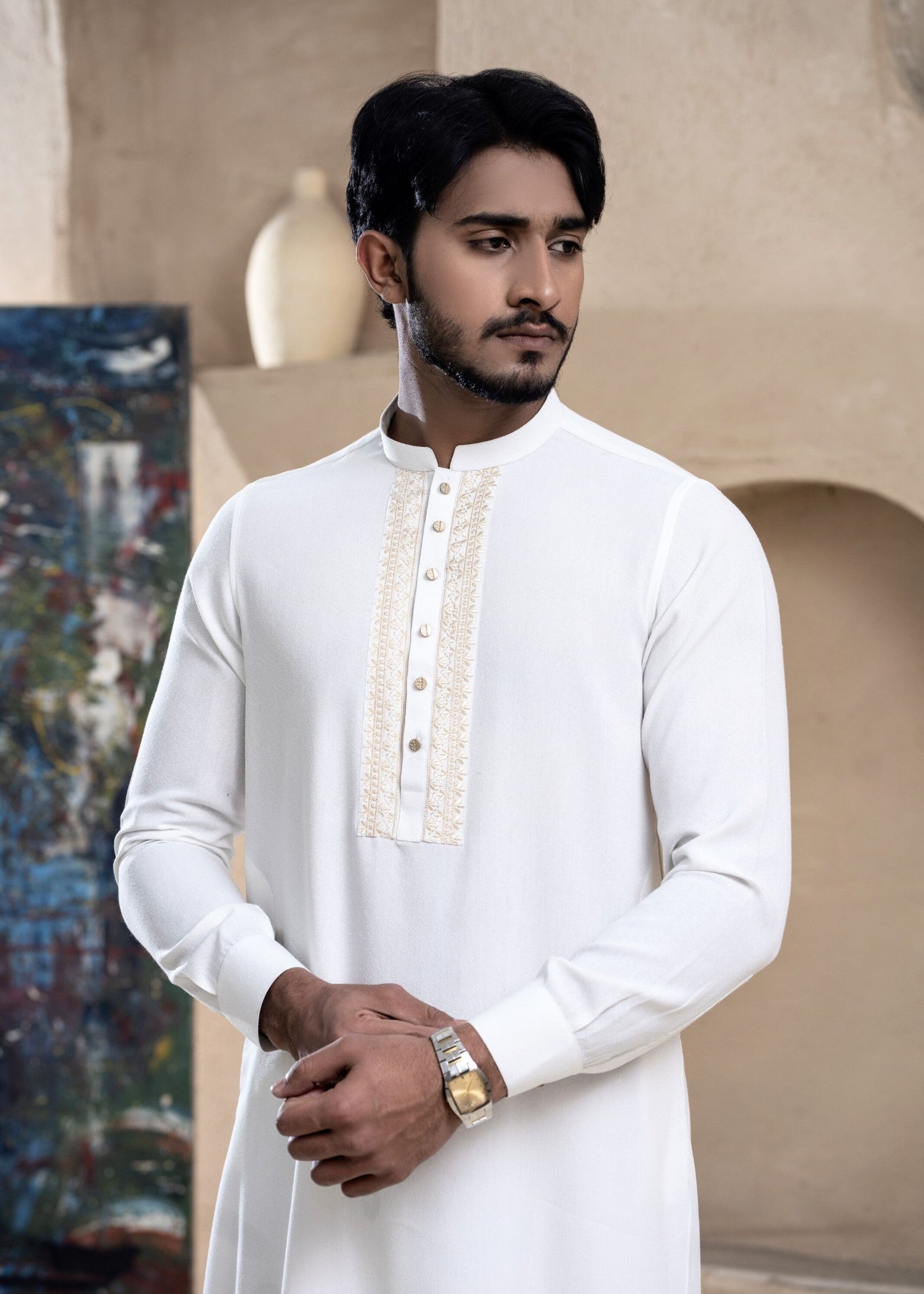 viscose raw silk Kurta Set in Beige, ivory