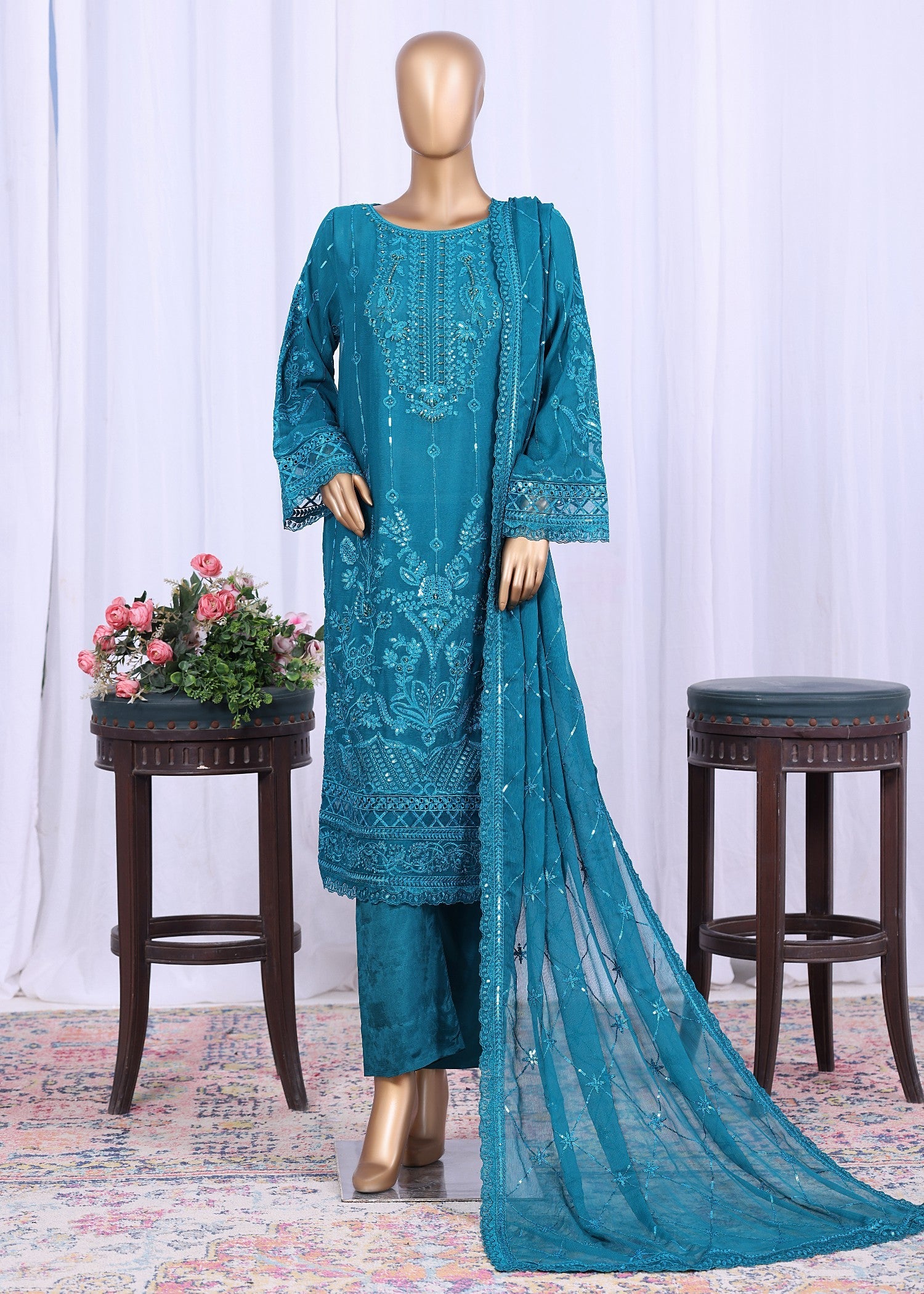 polyester chiffon Kurta Set in Teal