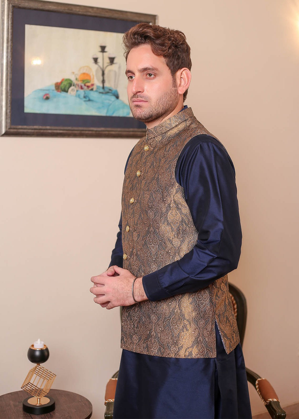 banarsi silk Waistcoat in Brown