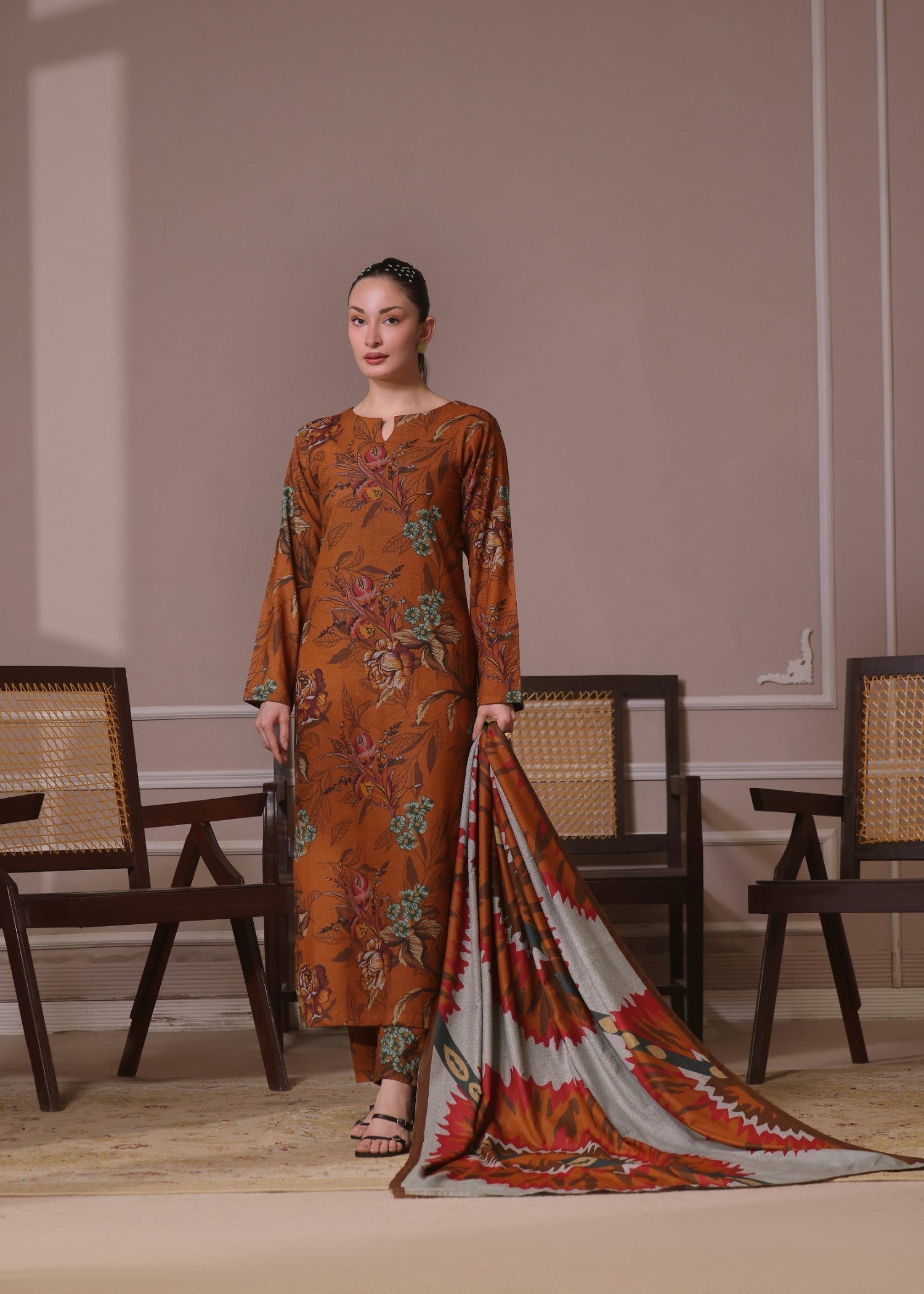 twill khaddar Kurta Set in Dark coral