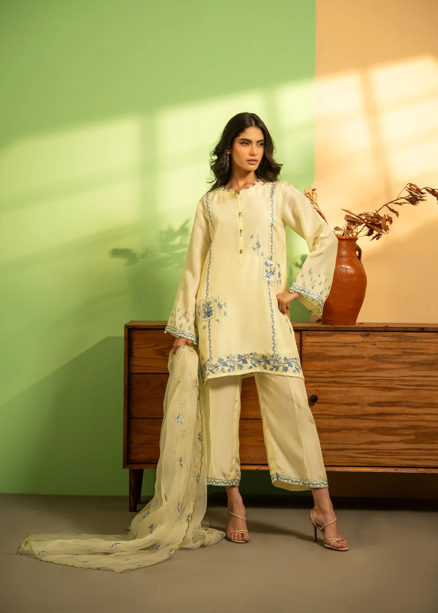 khaddi silk Kurta Set in Lemonade