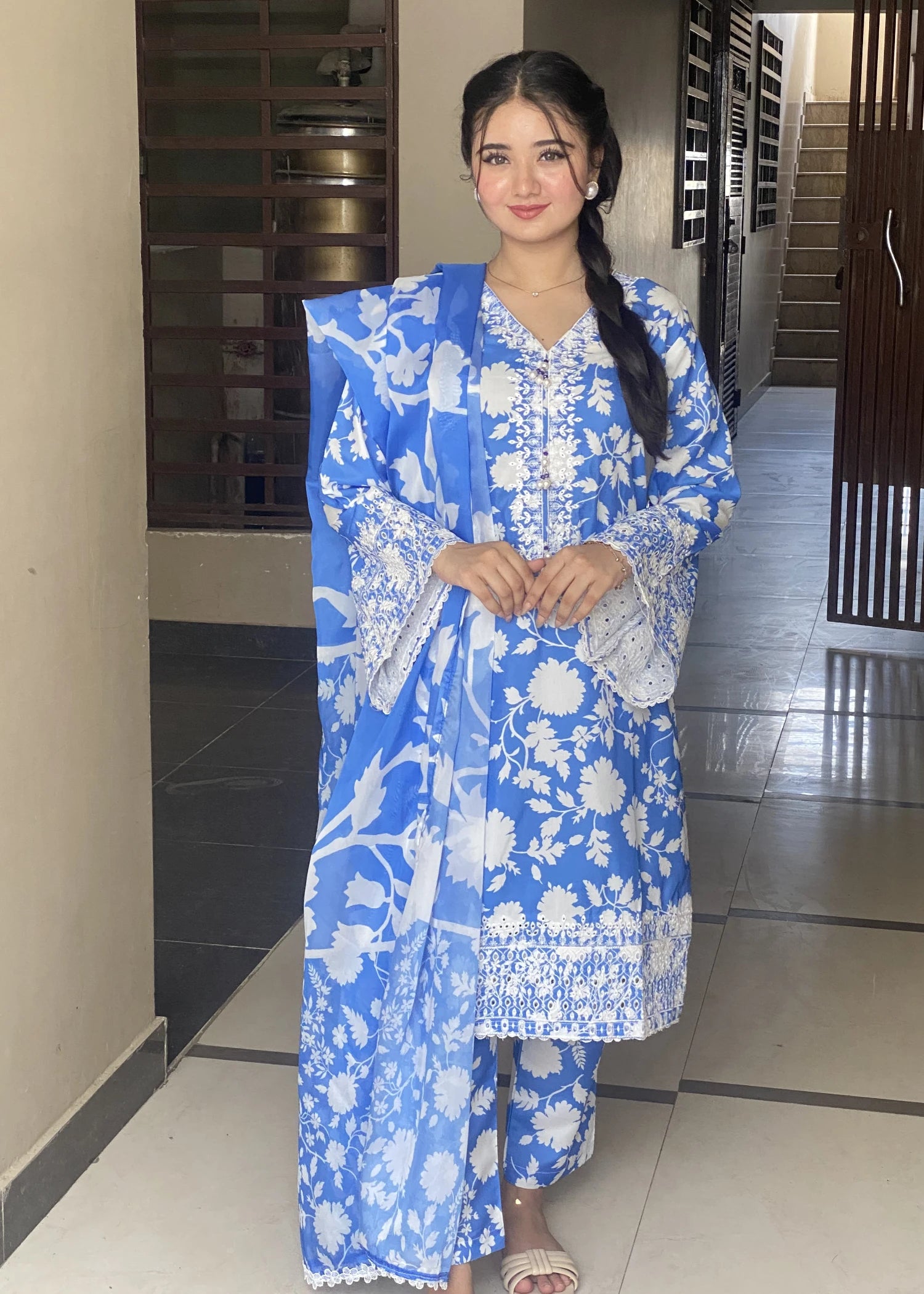 cotton silk Kurta Set in Cornflower blue