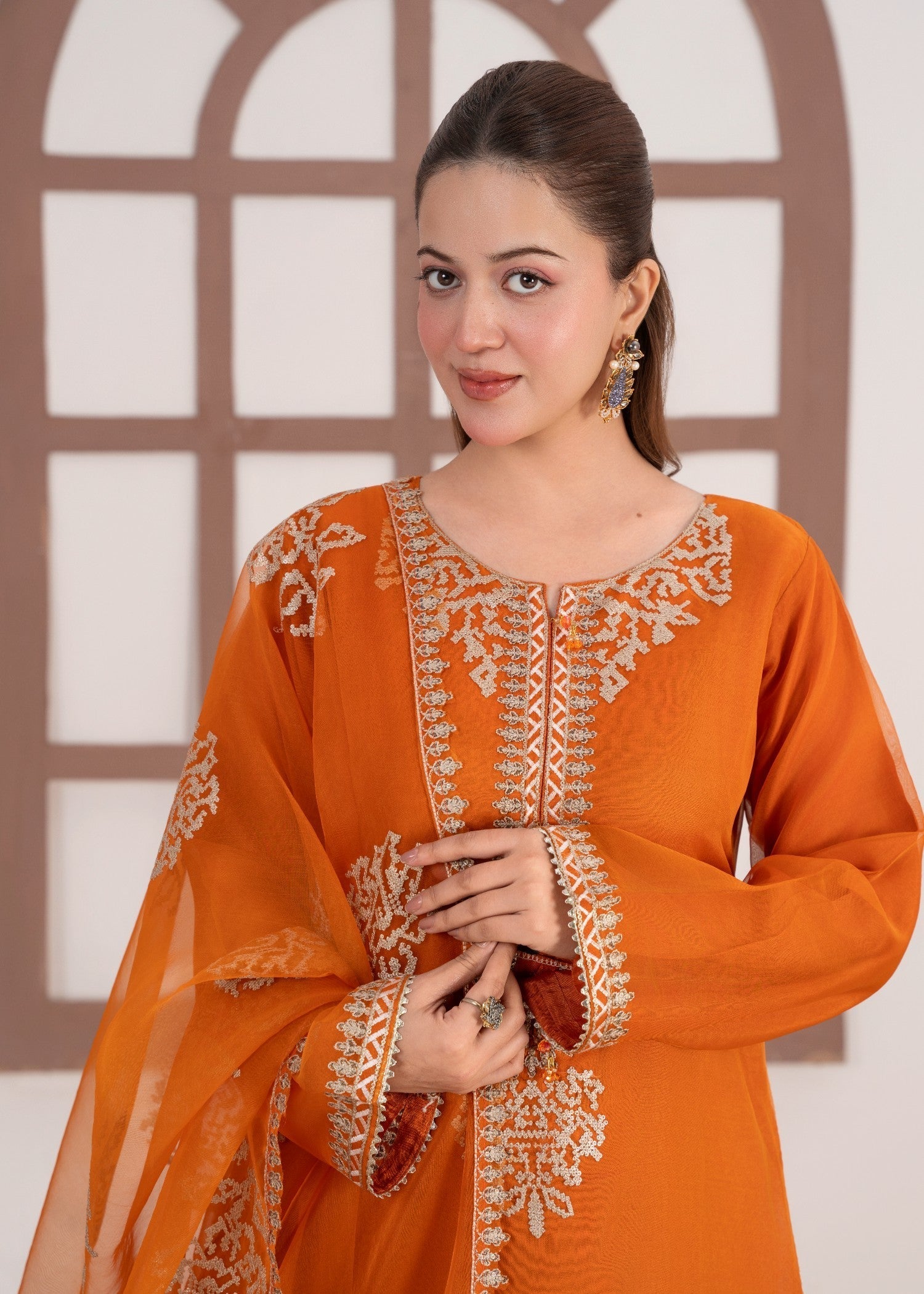 organza Kurta Set in Pumpkin orange