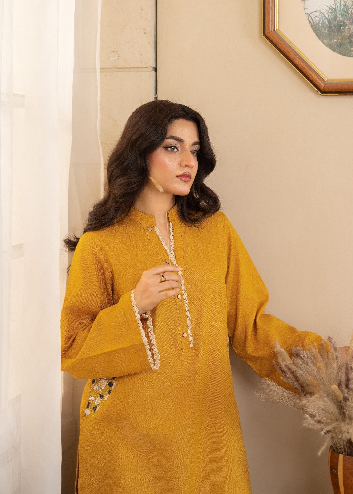 twill khaddar Kurta Set in Mustard