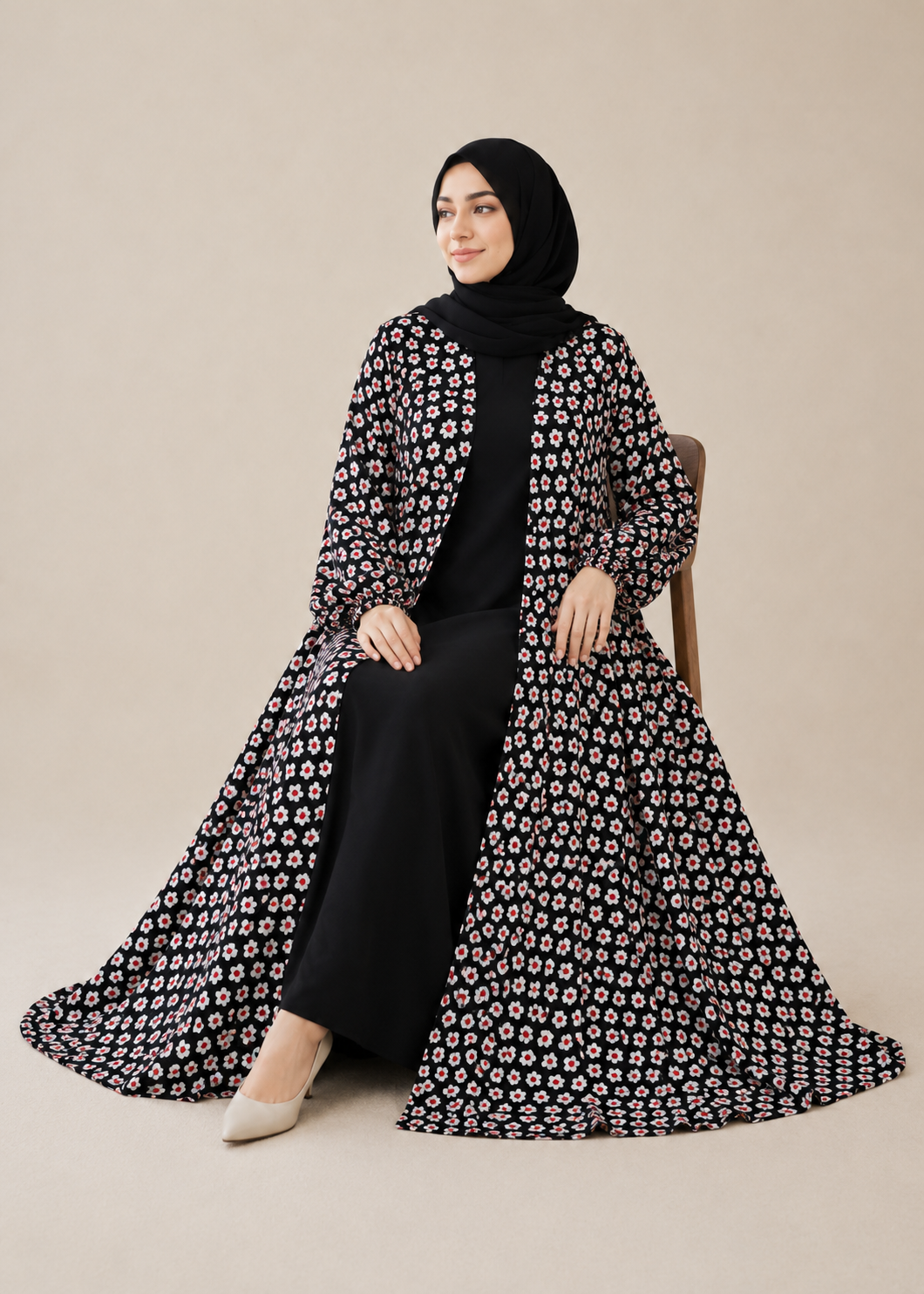 crepe georgette Abaya in Black, white, yellow-orange