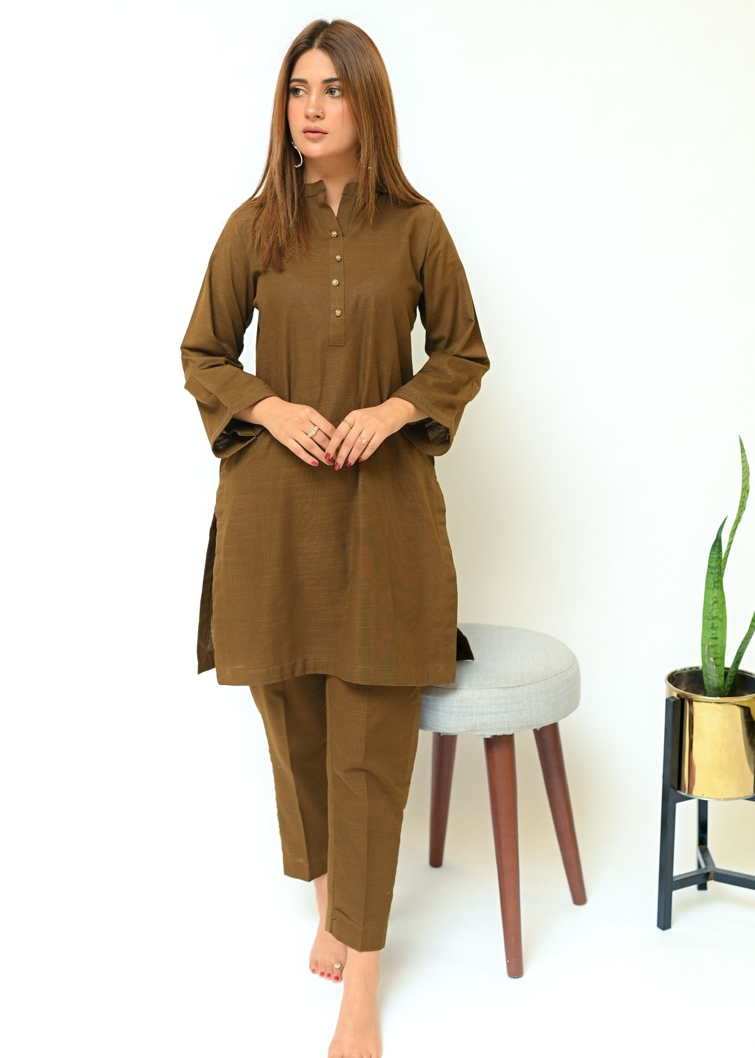 slub khaddar Co Ord Sets in Brown